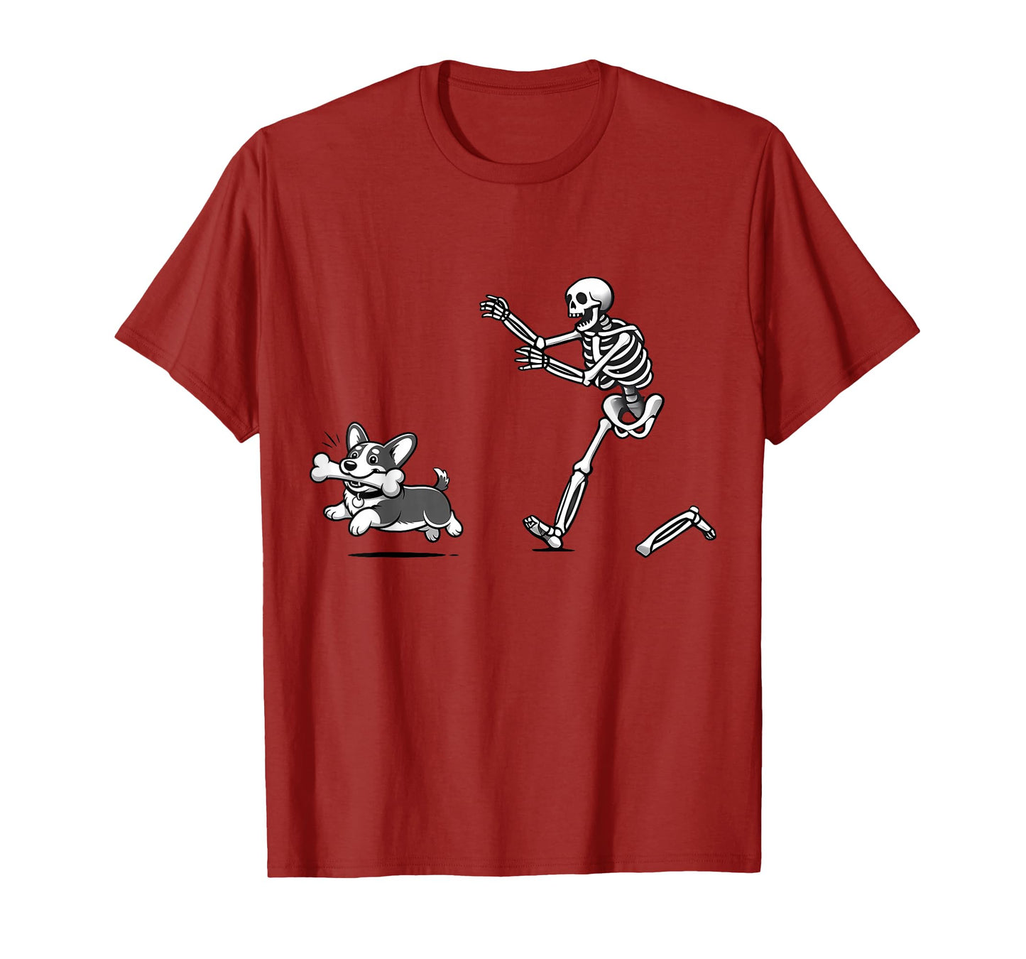 Funny Skeleton Chasing Corgi Dog Lovers Spooky Halloween T-Shirt