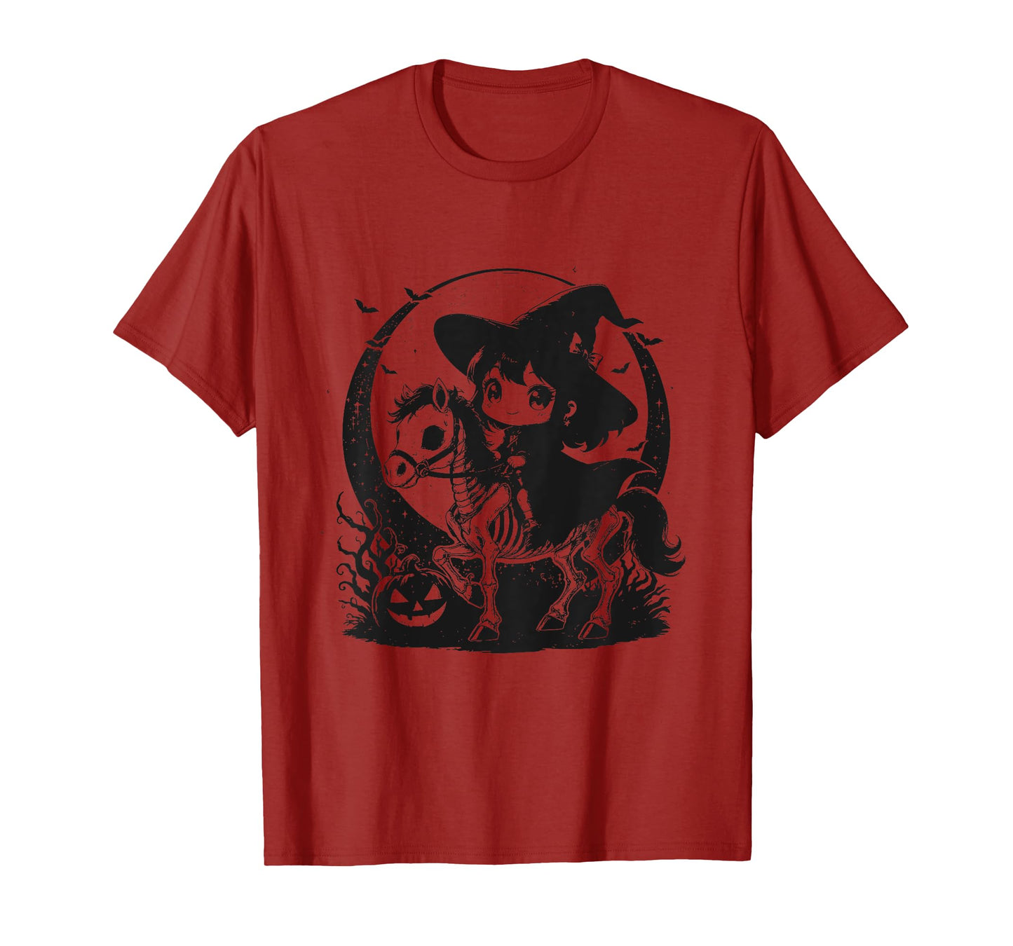 Halloween Girl Witch Riding Horse Skeleton Cute Graphic T-Shirt