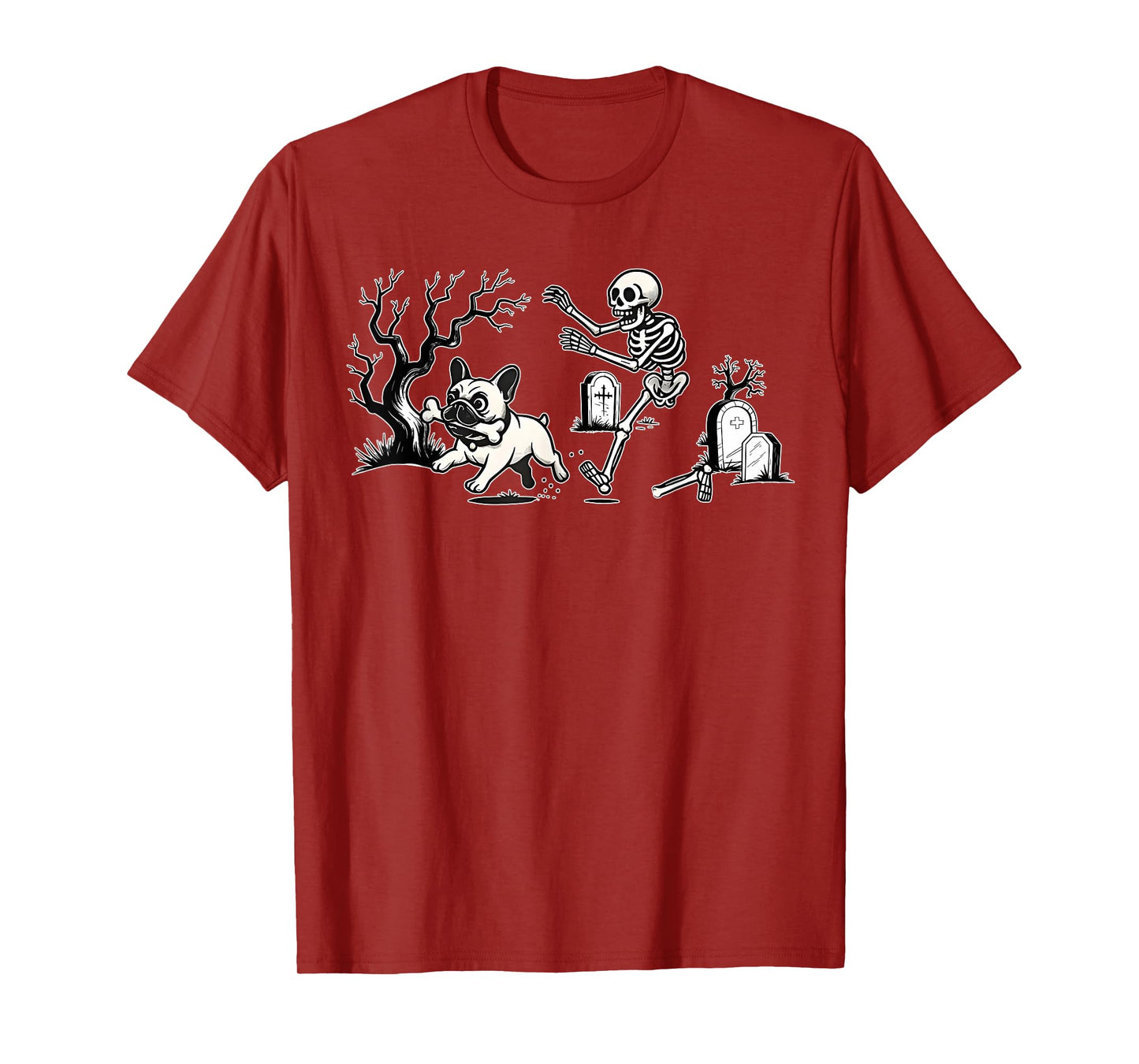 Skeleton Chasing French Bulldog Halloween Dog Mom Pet Lover T-Shirt