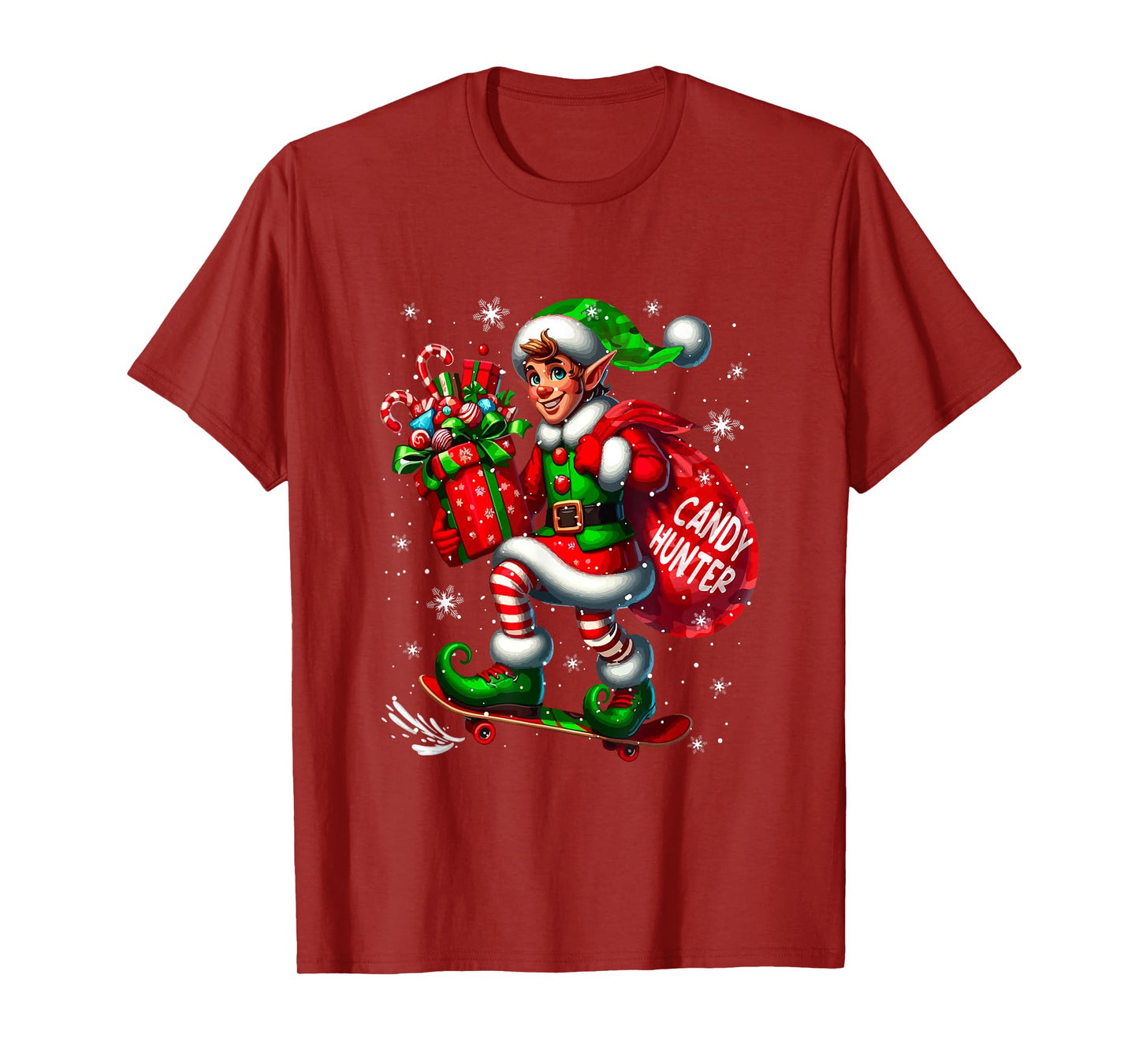 Hunter Christmas Candy Naughty Elf Skateboarding Lover Kids T-Shirt