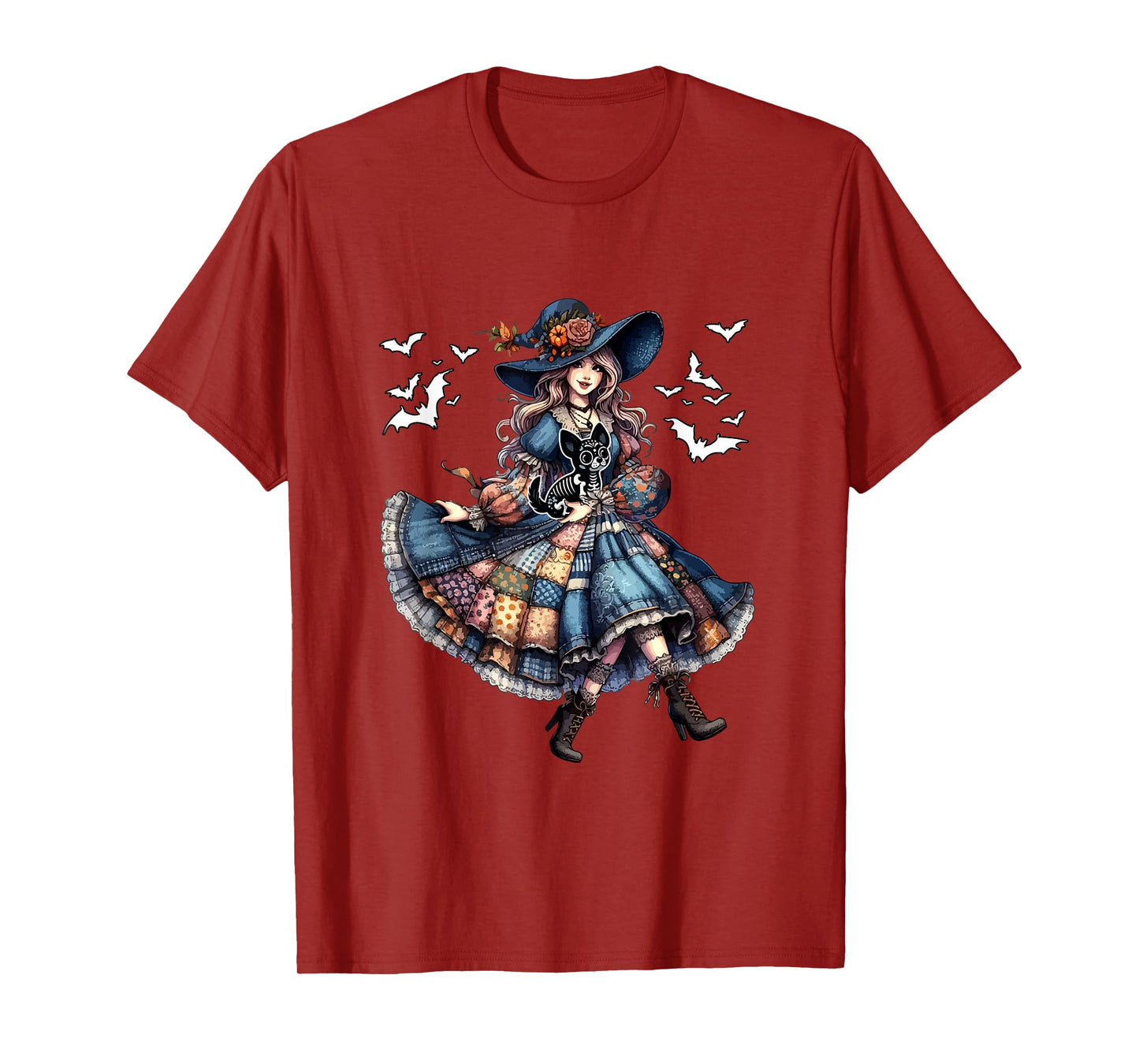 Floral Witch Hugging Chihuahua Cosplay Skeleton Halloween T-Shirt