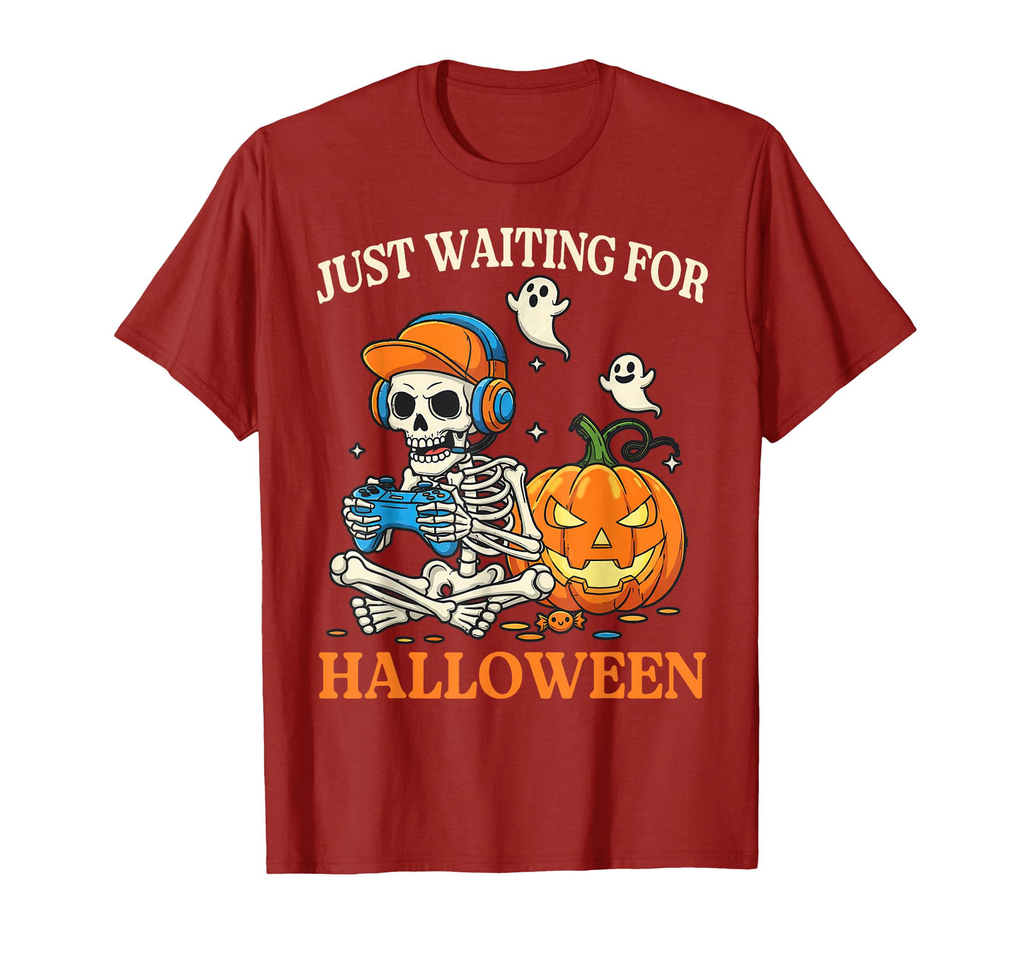Funny Just Waiting for Halloween Skeleton Playing Video Game T-Shirt