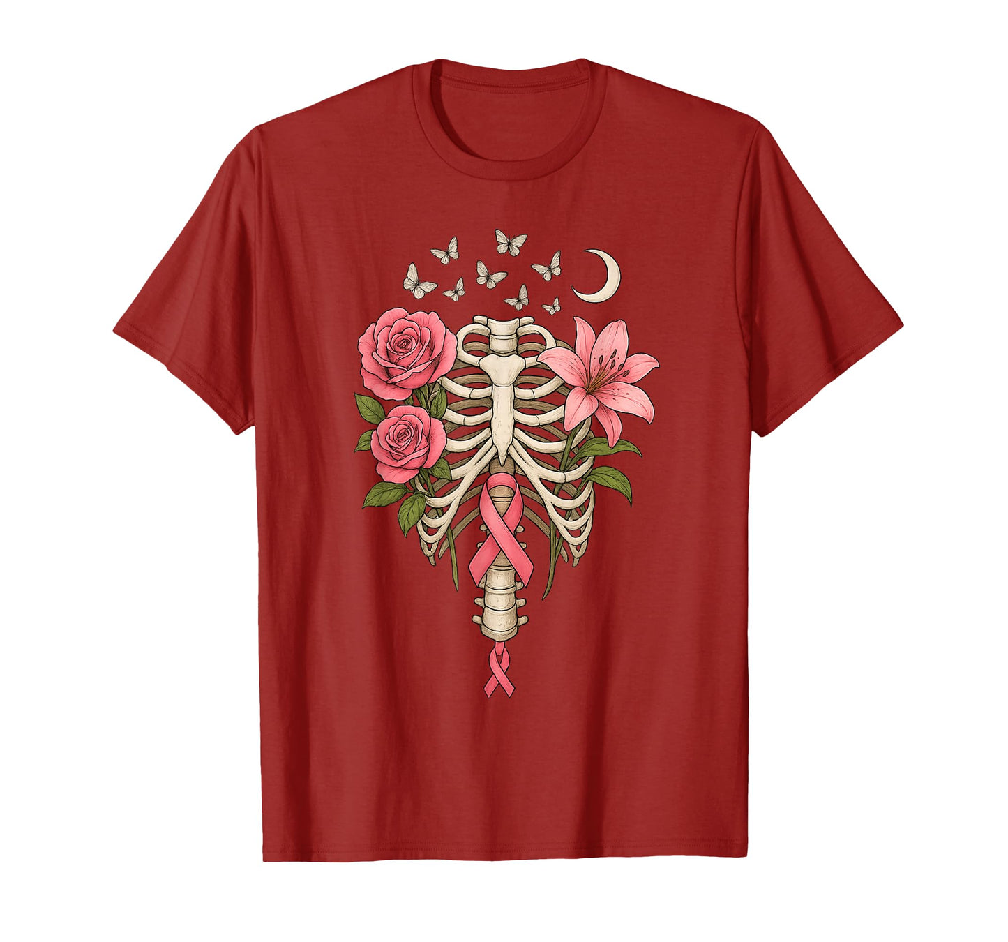 reast Cancer Skeleton Floral Awareness Ribcage Moon T-Shirt