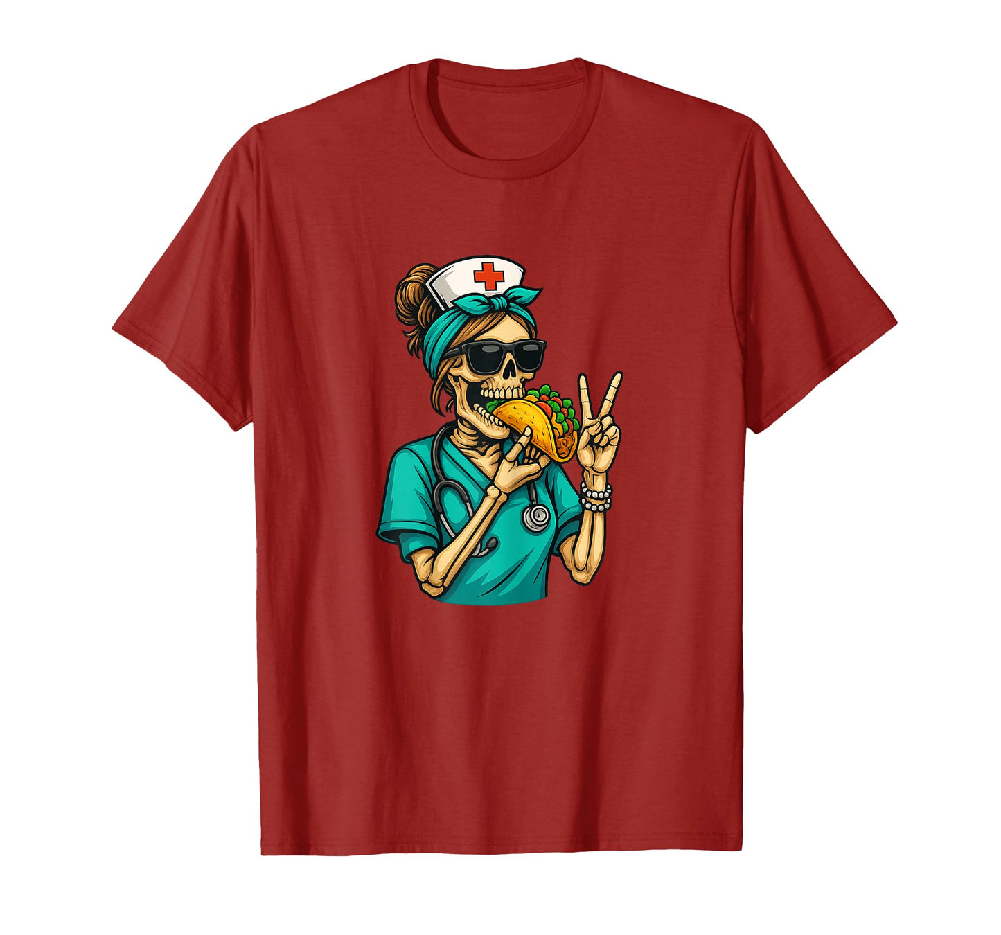 Funny Skeleton Taco Food Nurse Peace Sign RN Halloween T-Shirt