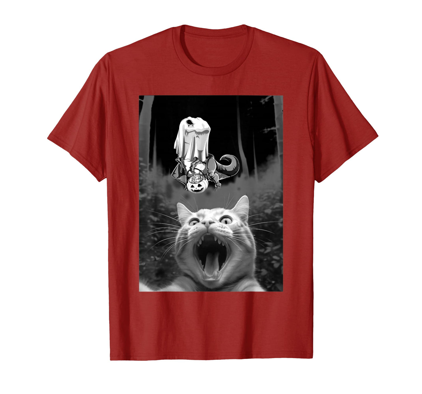 Surprised Cat Selfie with Dinosaur Skeleton Halloween Boo T-Shirt