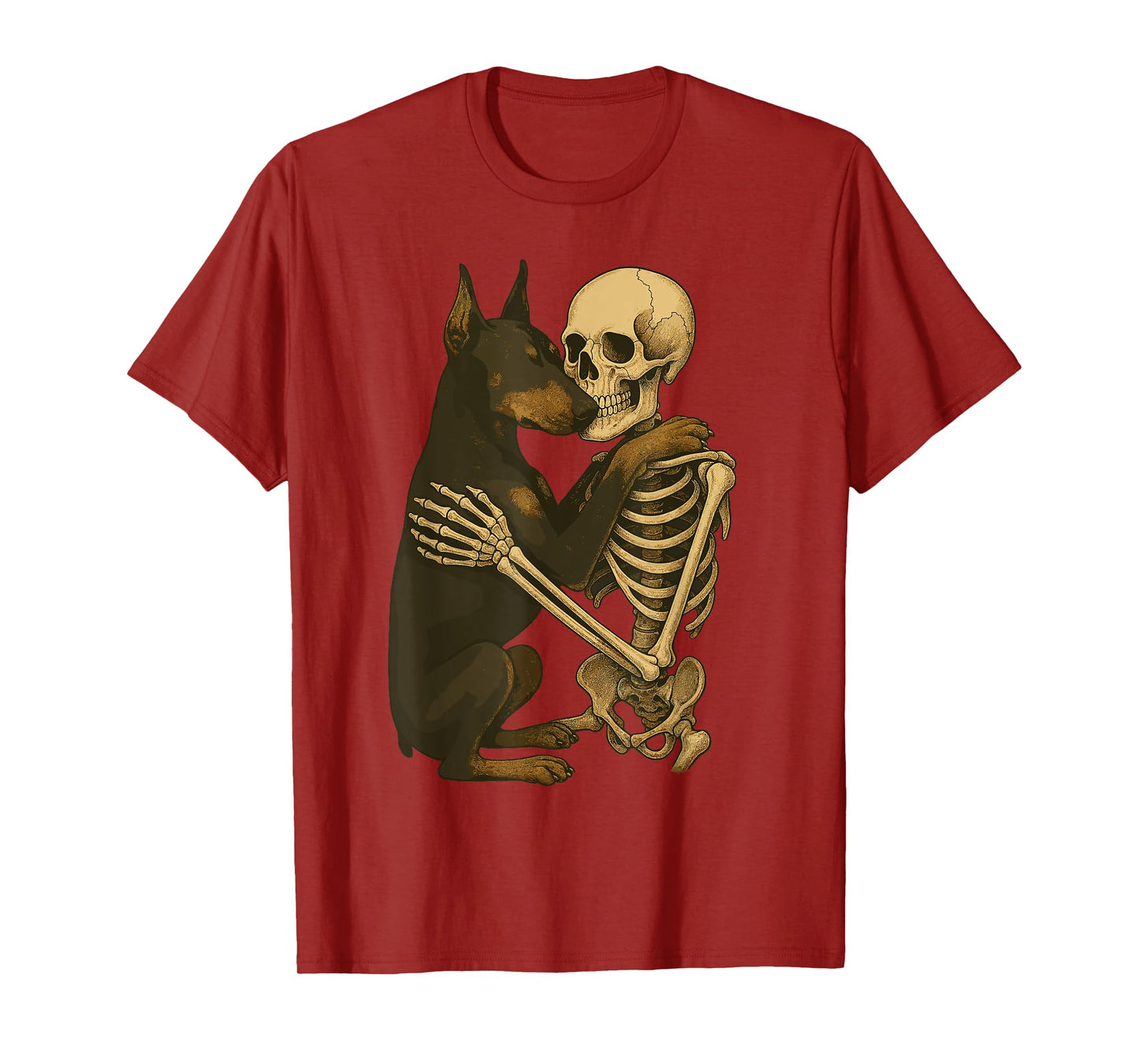 Skeleton Hugging Doberman Pinscher T-Shirt