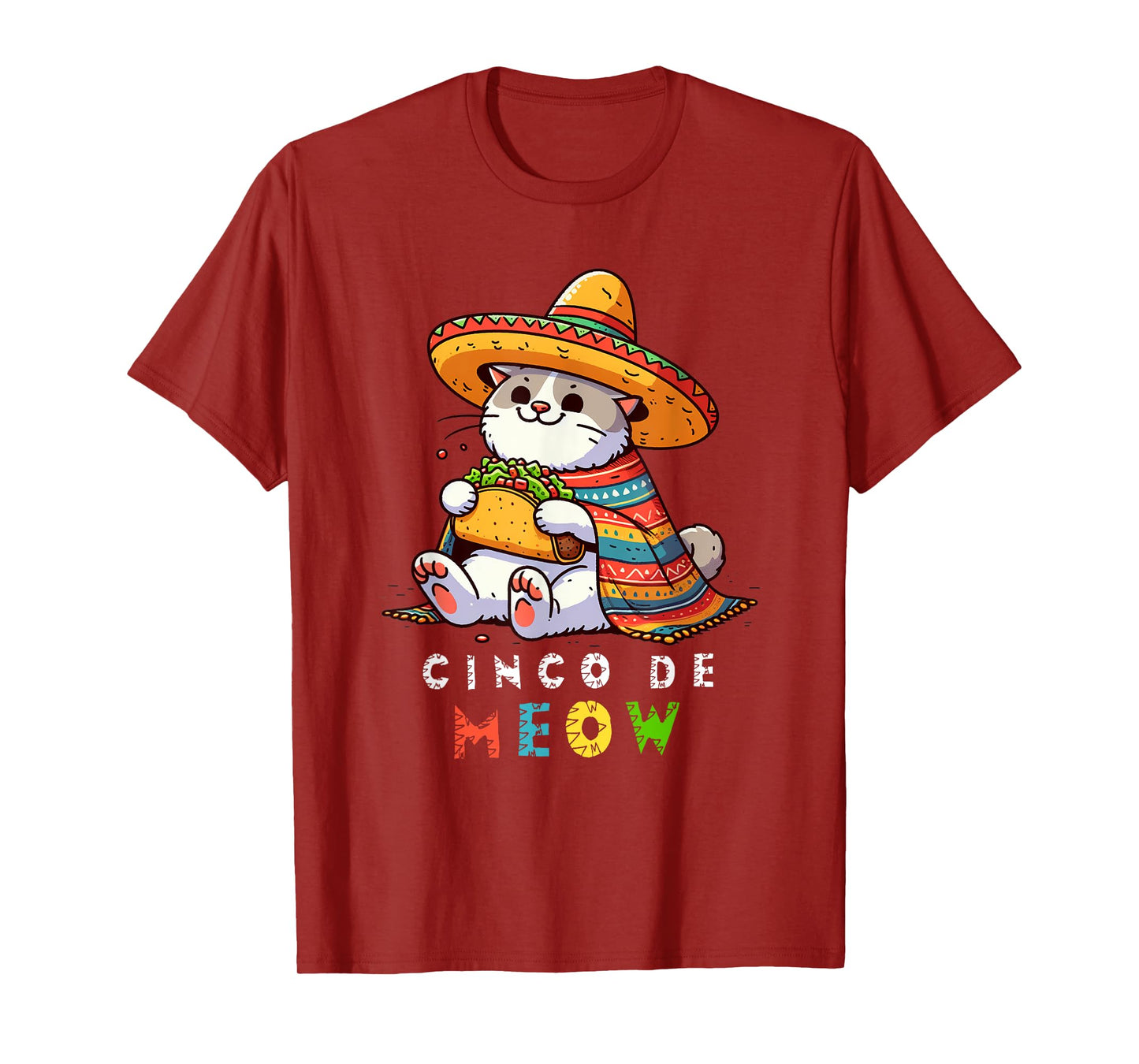 Cinco De Meow with Smiling Cat Taco and Sombrero Men Women Kids T-Shirt
