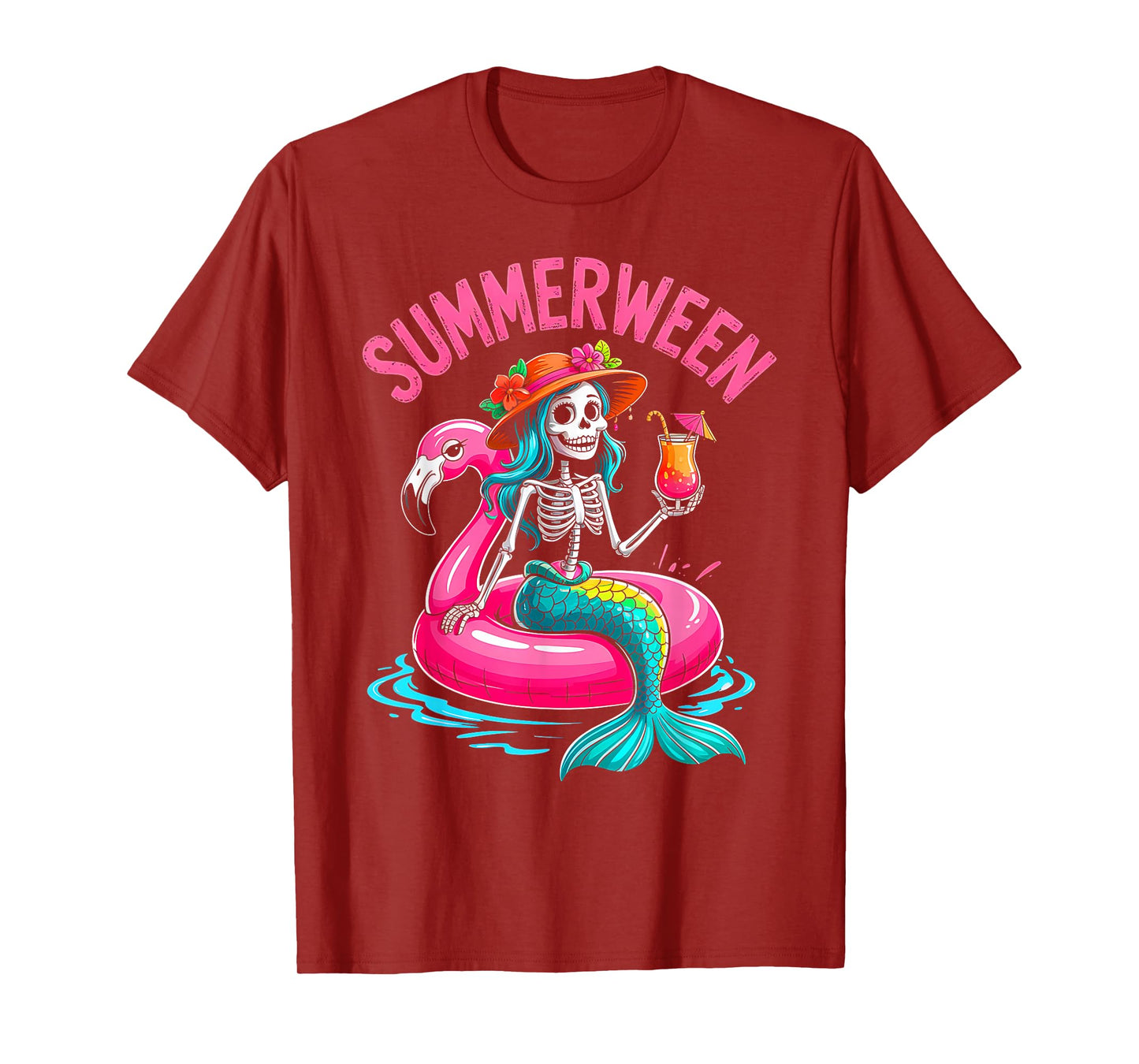 Mermaid Skeleton Beach Flamingo Halloween Girl T-Shirt