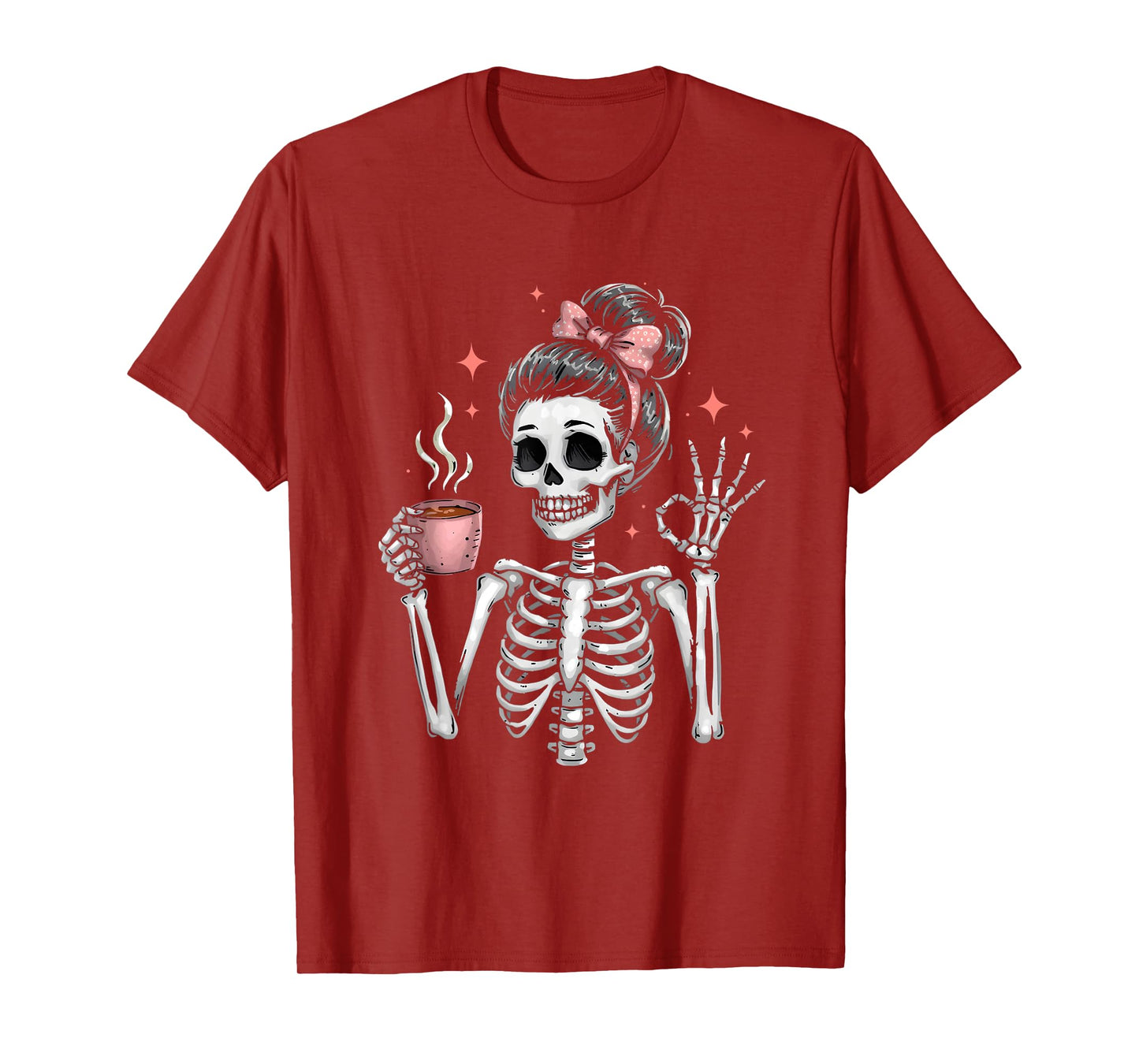 Messy Bun Drinking Coffee for Women Skeleton Tired Mom T-Shirt