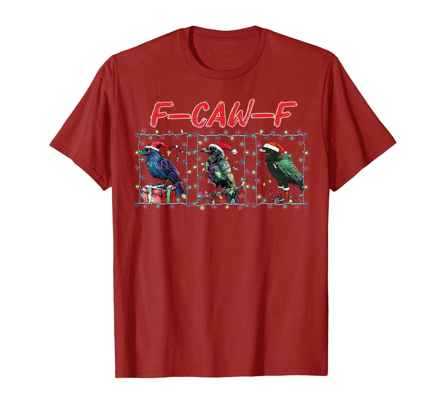 Black Crow F-Caw-F Funny Retro Christmas Lights Santa Hat T-Shirt