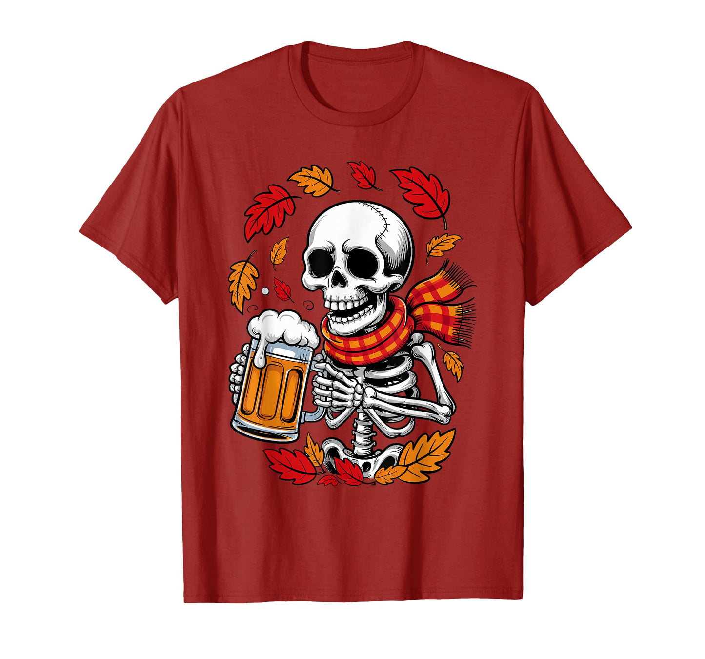 Halloween Skeleton Beer Drinker Funny Autumn Leaves Costume T-Shirt
