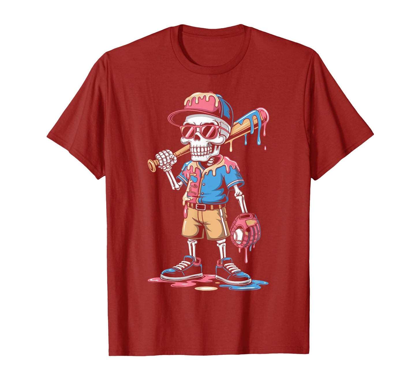 Funny Baseball Skeleton Ice Cream Drip Baseball T-Shirt