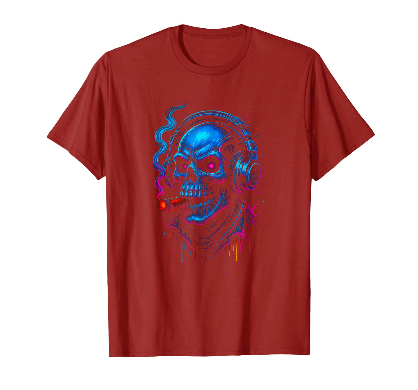 Skull Cigar DJ Headphones Vaporwave Retro Halloween Skeleton T-Shirt