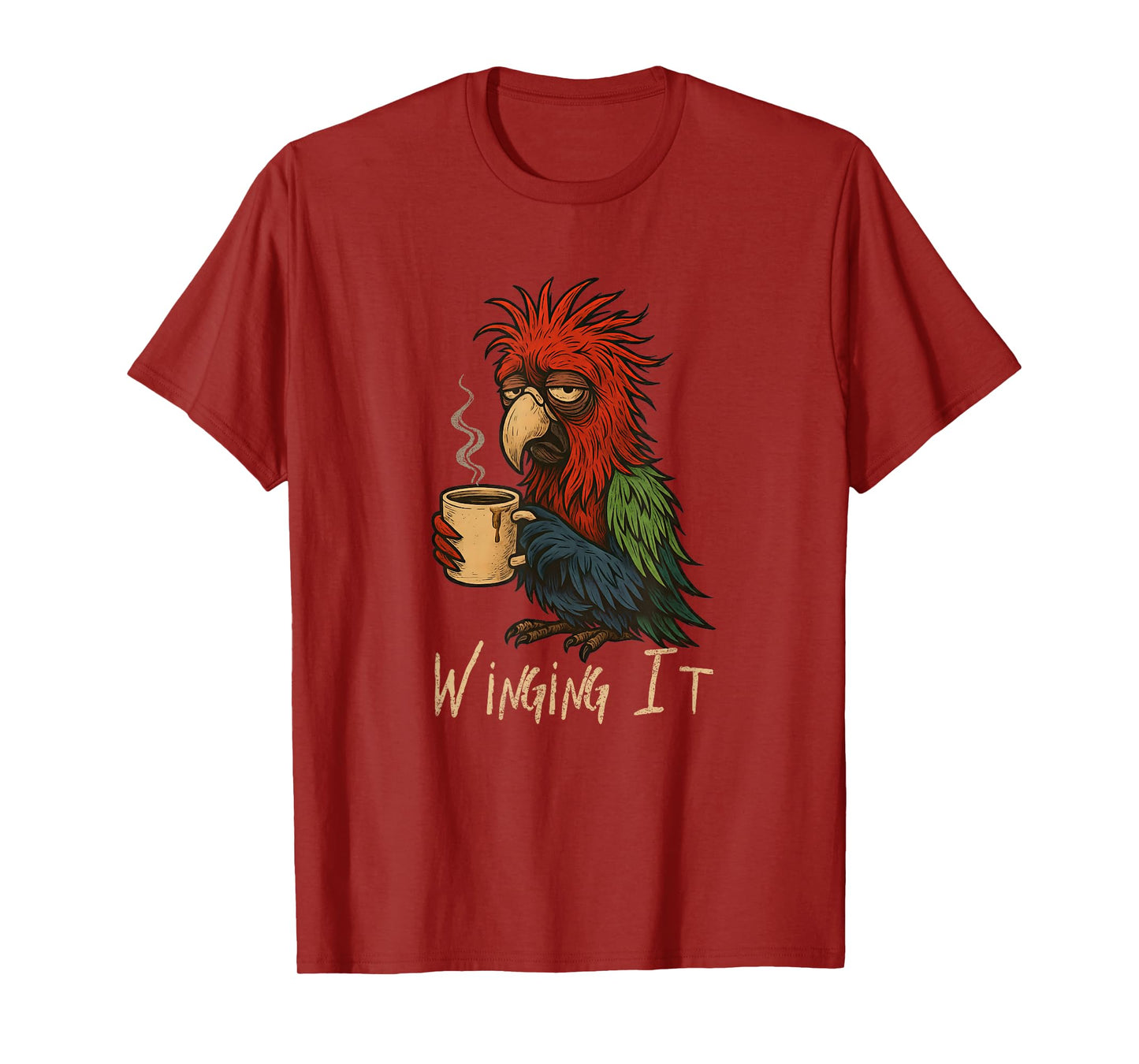 Winging It Macaw Parrot - Funny Tired Bird Drinking Coffee T-Shirt
