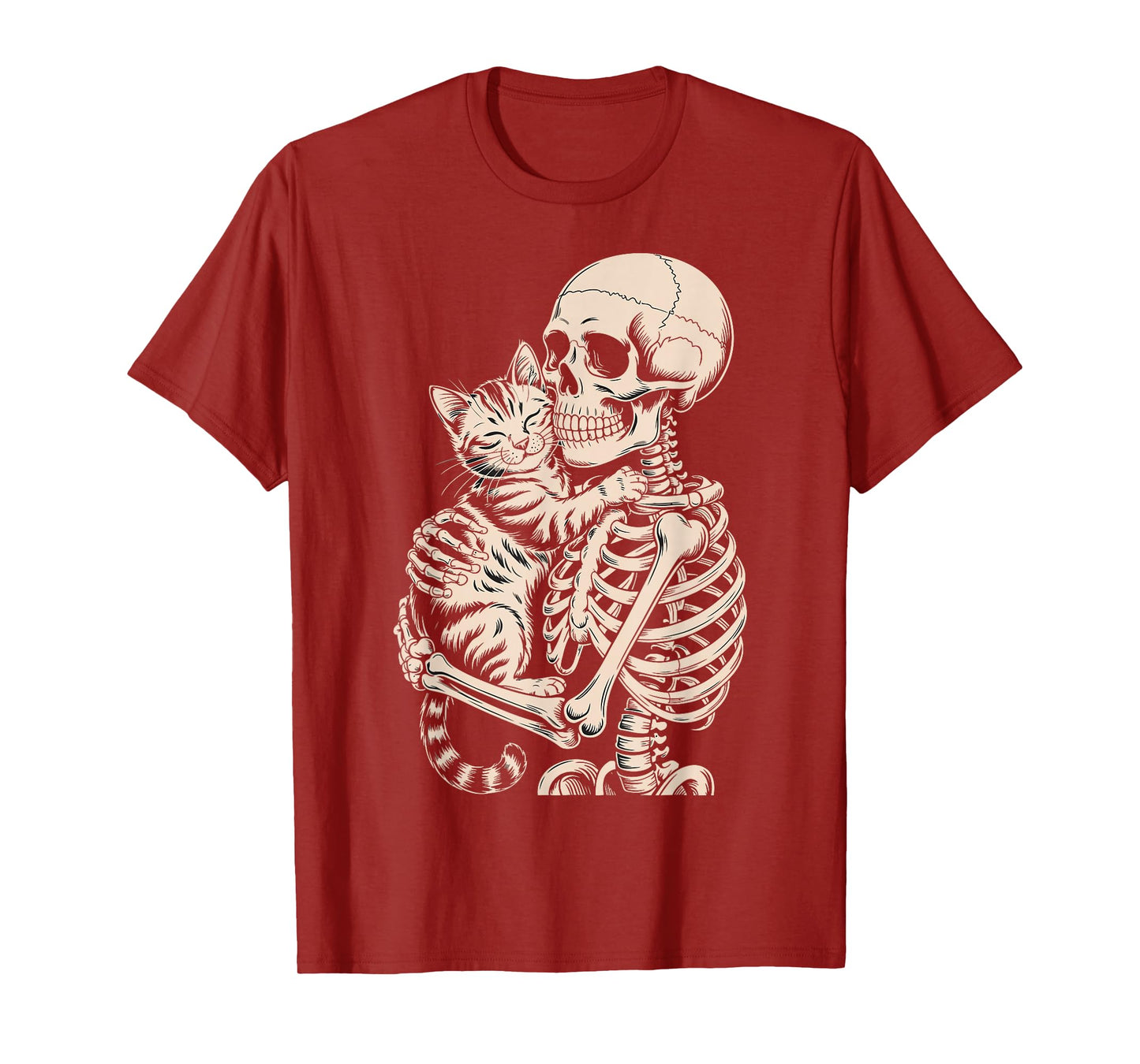 Skeleton Hugging Cat Funny Halloween Cat Lover T-Shirt