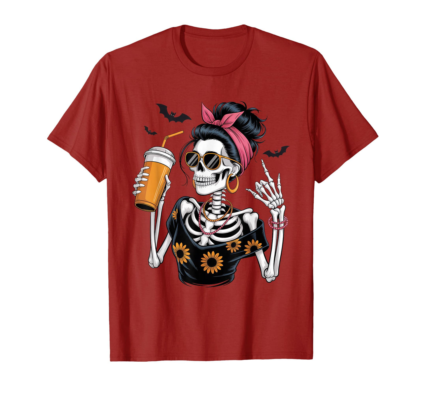 Skeleton Girl Drinking Coffee Peace Sign Graphic for Women T-Shirt