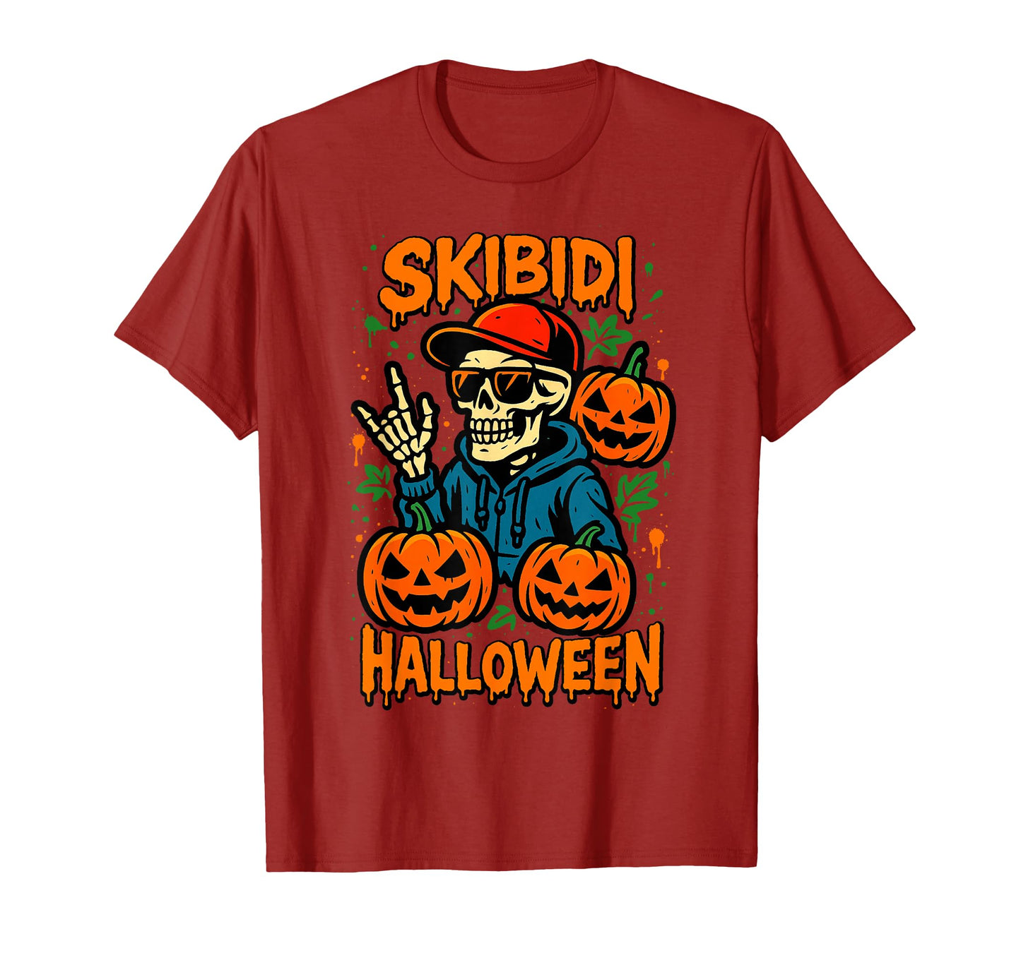 Skibidi Skeleton Halloween Teen Kid Slang Pumpkins Fall Rizz T-Shirt