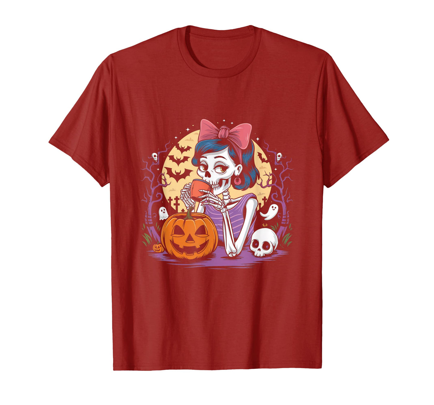 Skeleton Drinking Coffee Lover Pumpkin Halloween Costumes T-Shirt