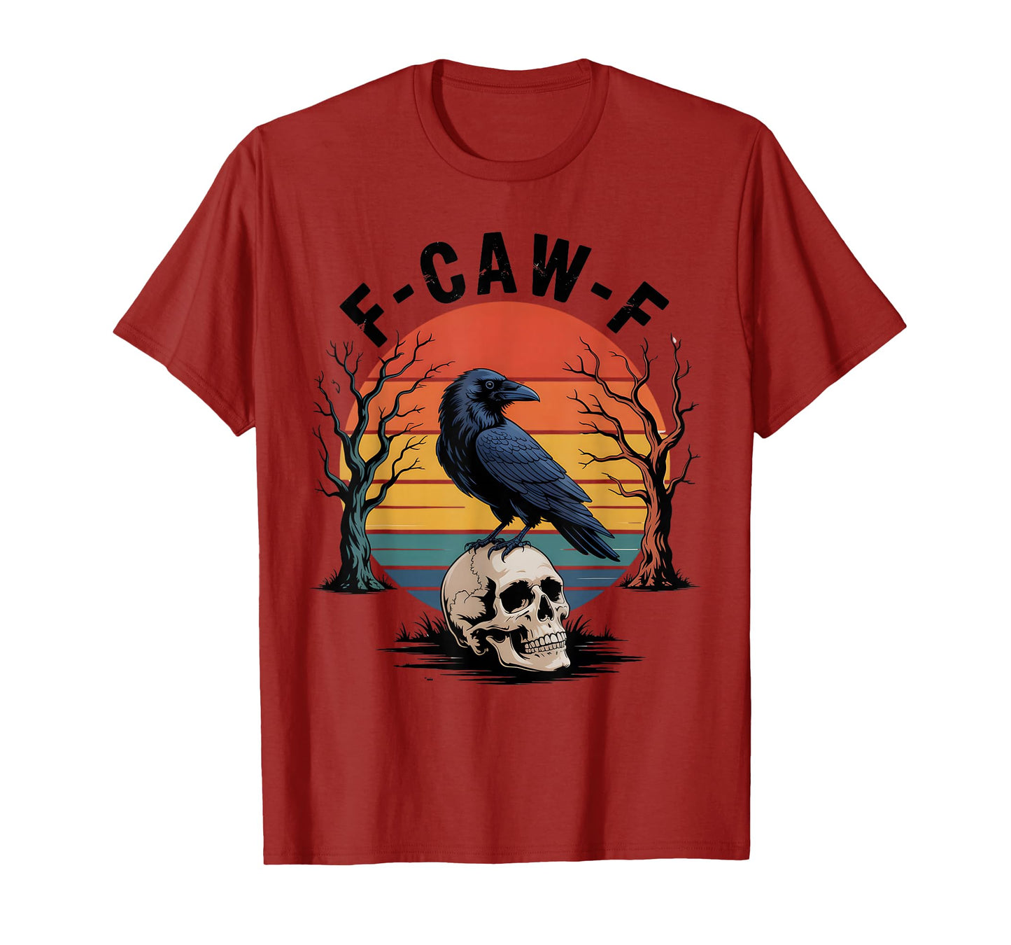 F-CAW-F Crow Skull Retro Sunset Spooky Funny Halloween T-Shirt