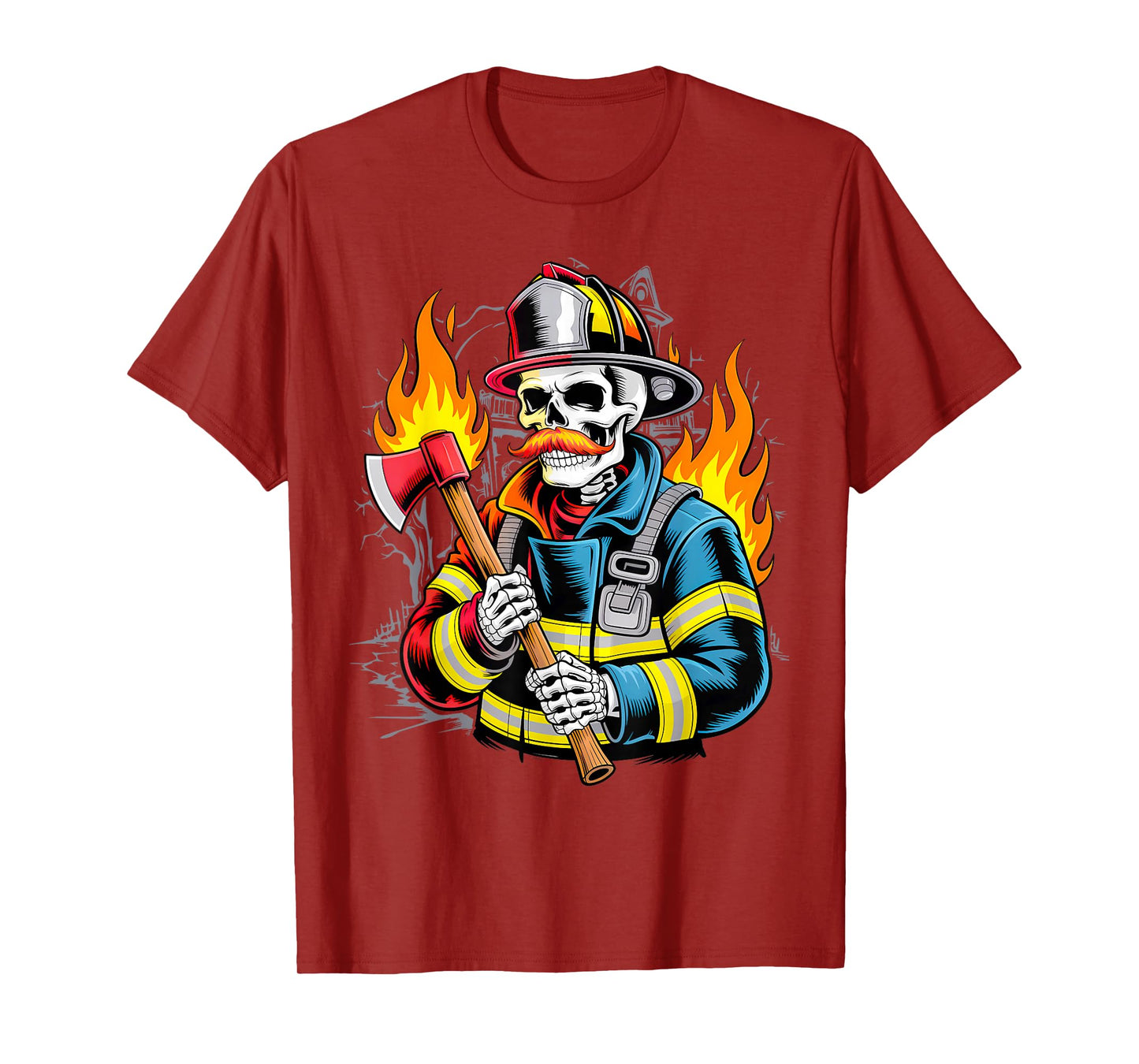 Skeleton Firefighter Lazy Halloween Costume Skull Fireman T-Shirt