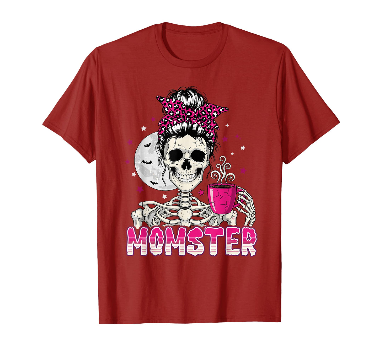 Momster Skull Mom Coffee Lover Halloween Messy Hair Bun Mama T-Shirt