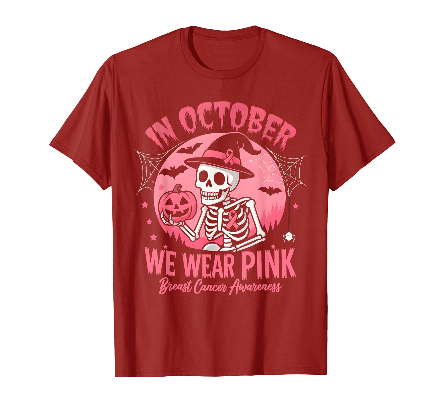 in October We Wear Pink Breast Cancer Skeleton Halloween T-Shirt