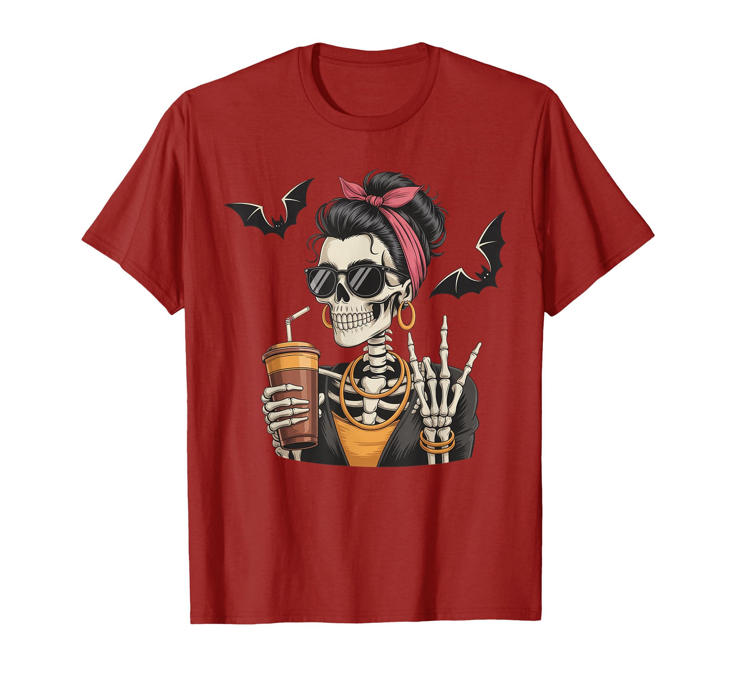 Skeleton Girl Drinking Coffee Peace Sign Graphic for Women T-Shirt