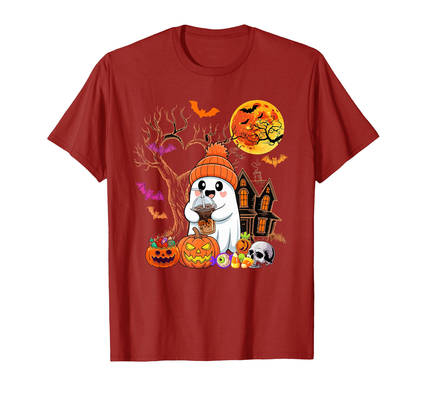 Boo Drinking Coffee Halloween Carved Pumpkin Funny Parties T-Shirt