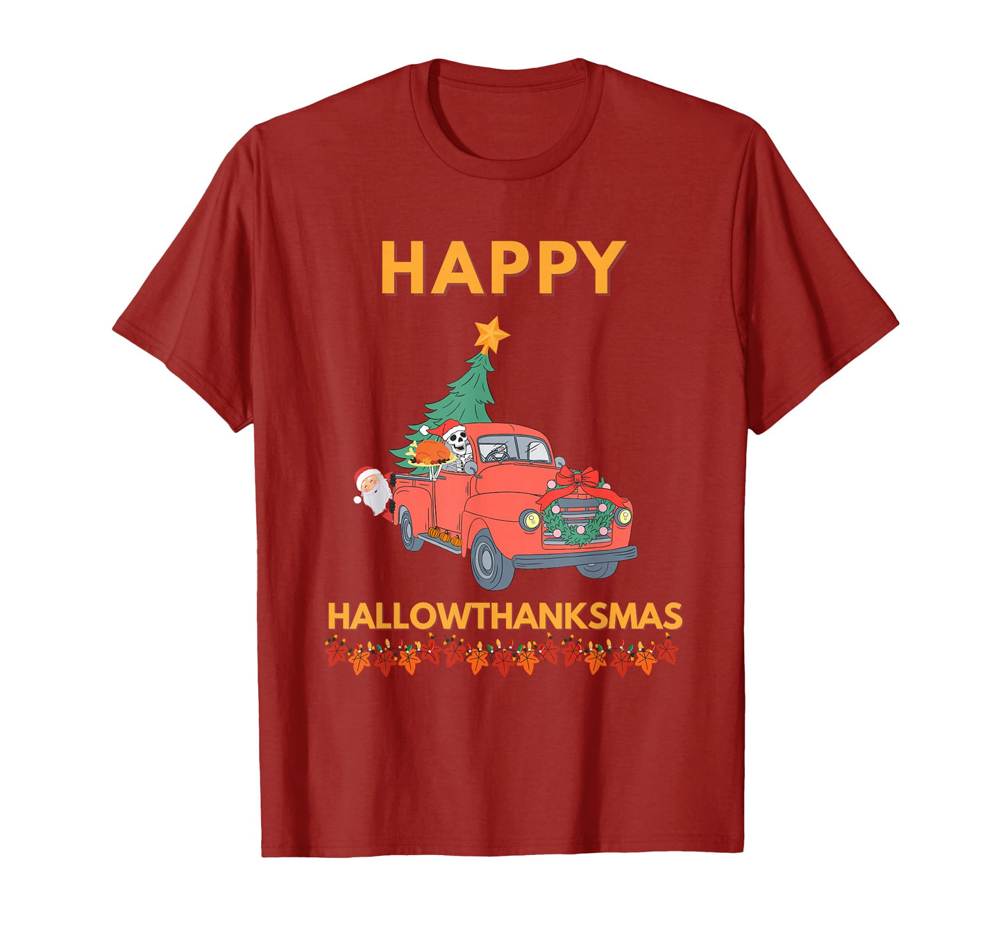 Skeleton Driving Santa Hallowthanksmas Funny Holiday Joke T-Shirt