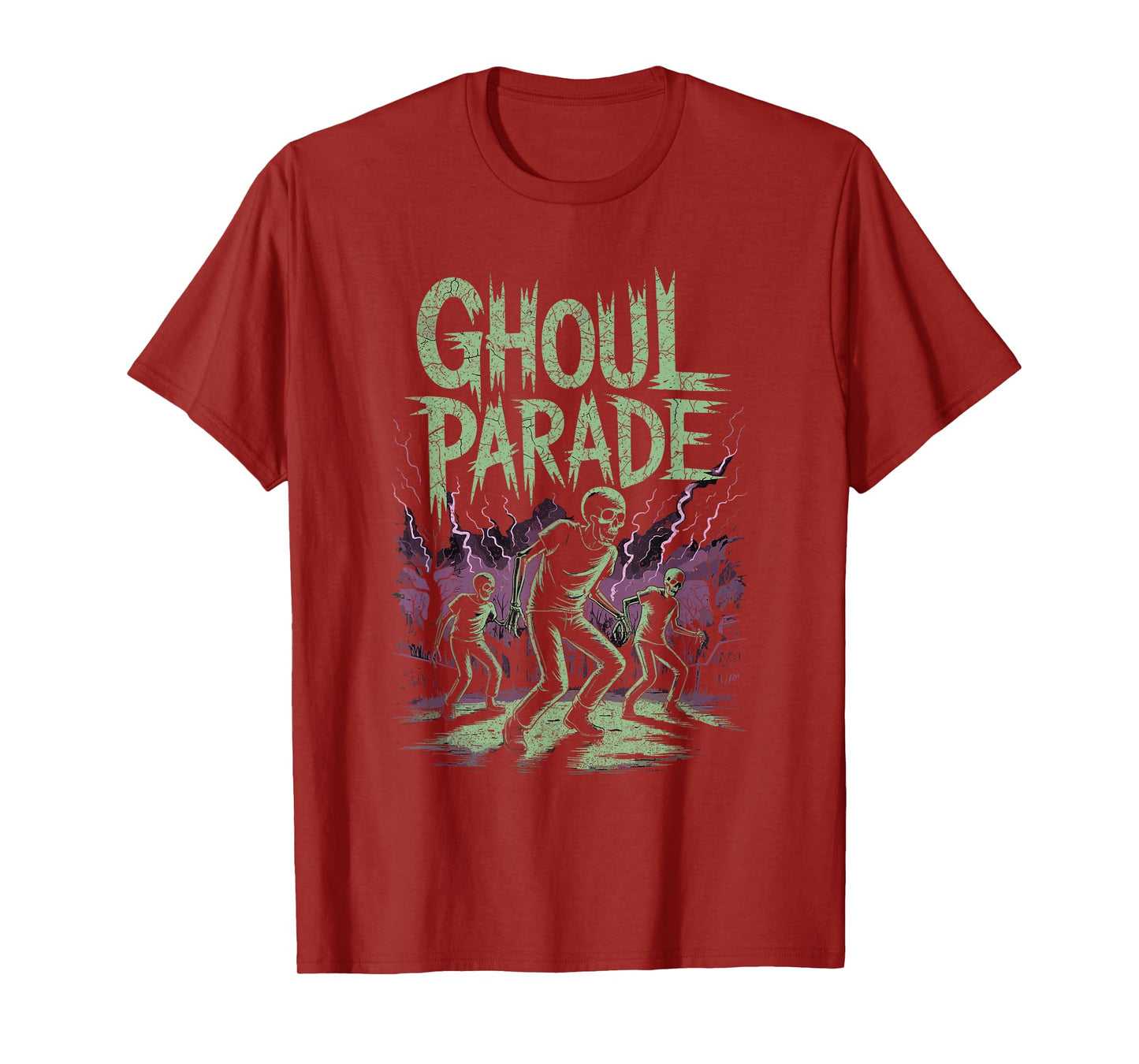 Dancing Skeleton Ghouls with Purple Lightning Halloween T-Shirt