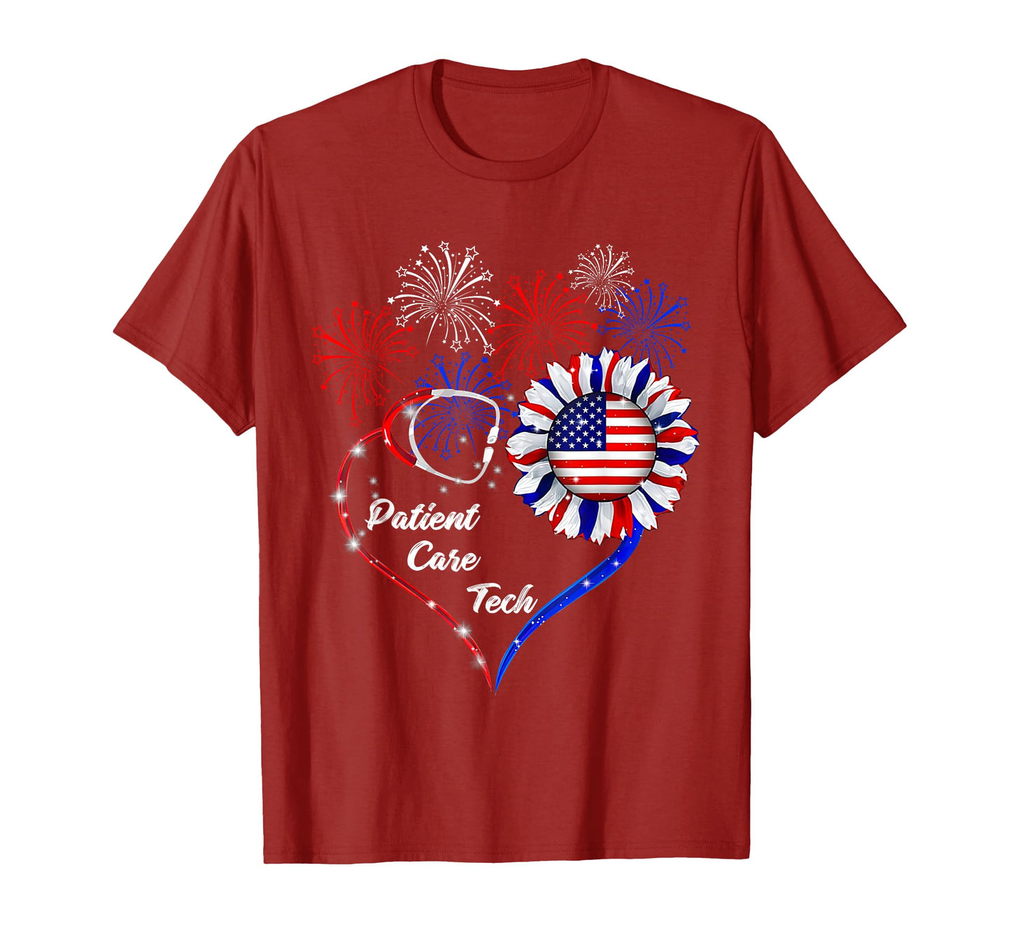 American Flag July 4th Firework Sunflower Patient Care Tech T-Shirt