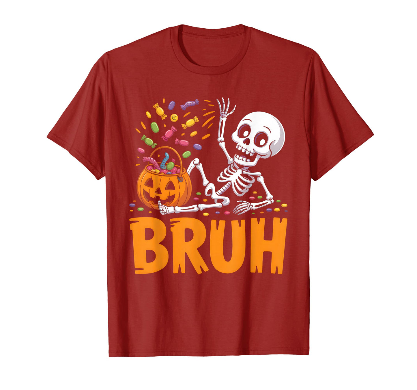 Funny Bruh Skeleton Spilling Candy Men Boys Kids Halloween T-Shirt