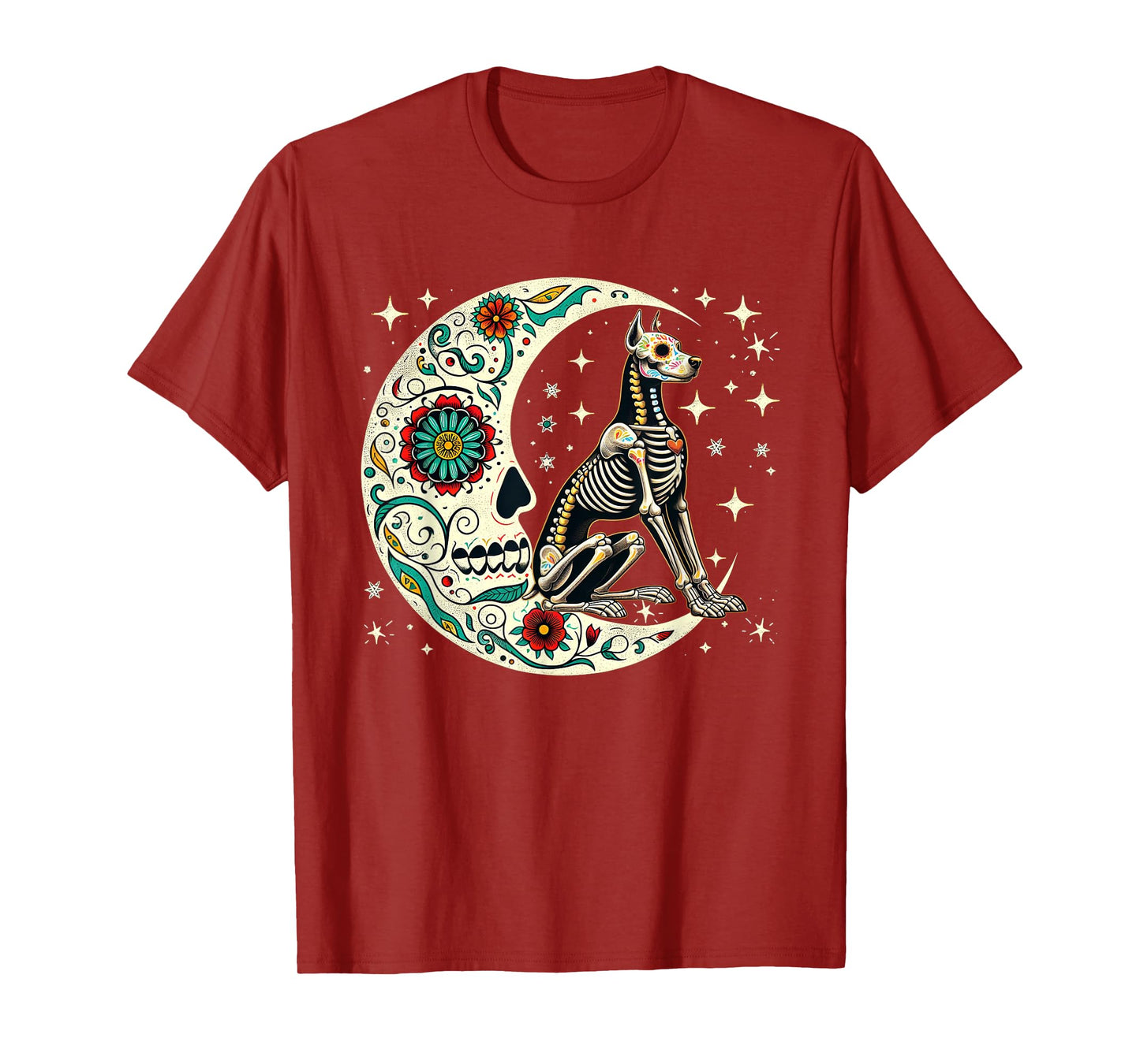 Dia De Los Muertos Halloween Moon Floral Skeleton Dobermann T-Shirt