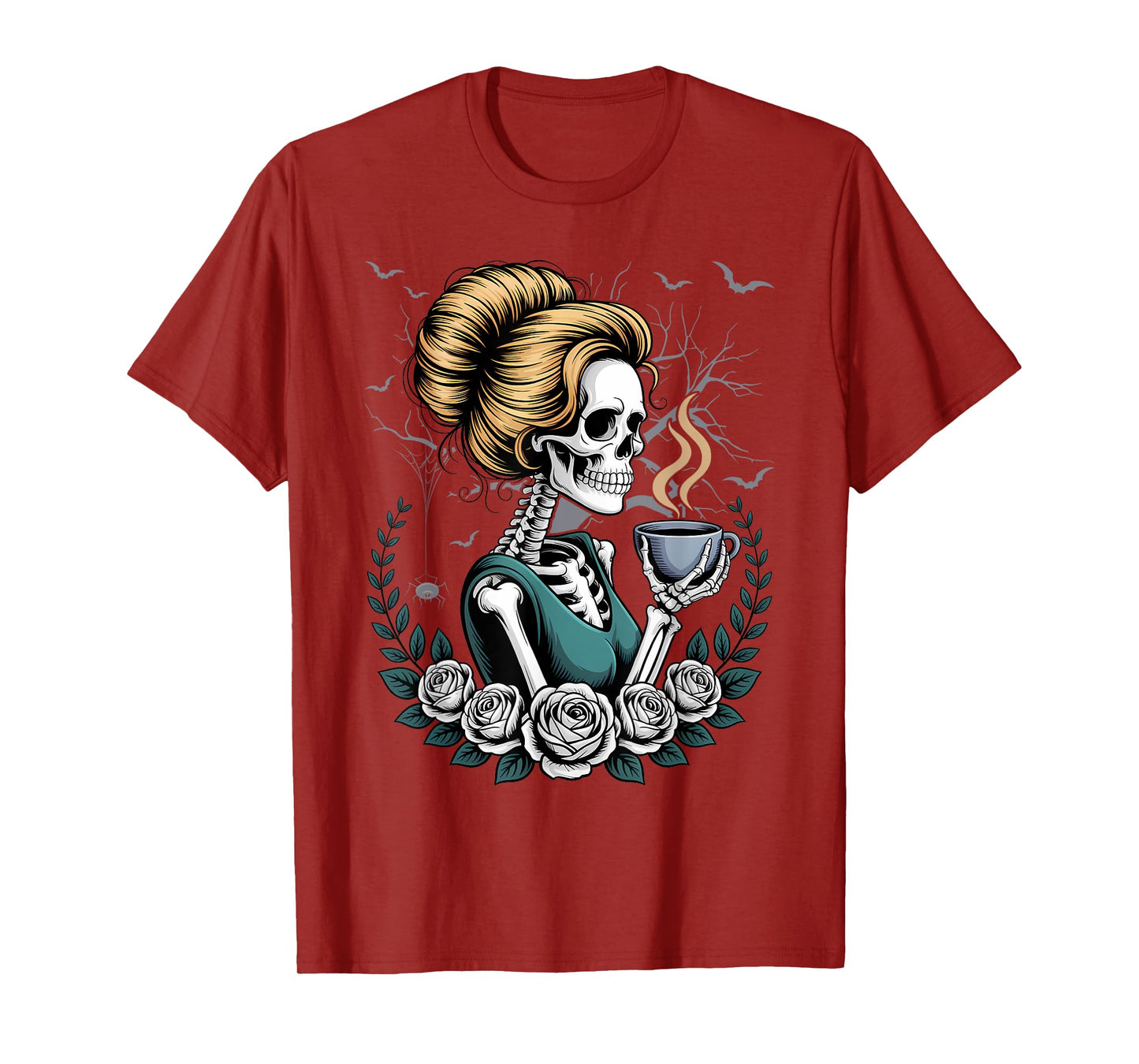 Messy Bun Skeleton Drinking Coffee Vintage Halloween Funny T-Shirt