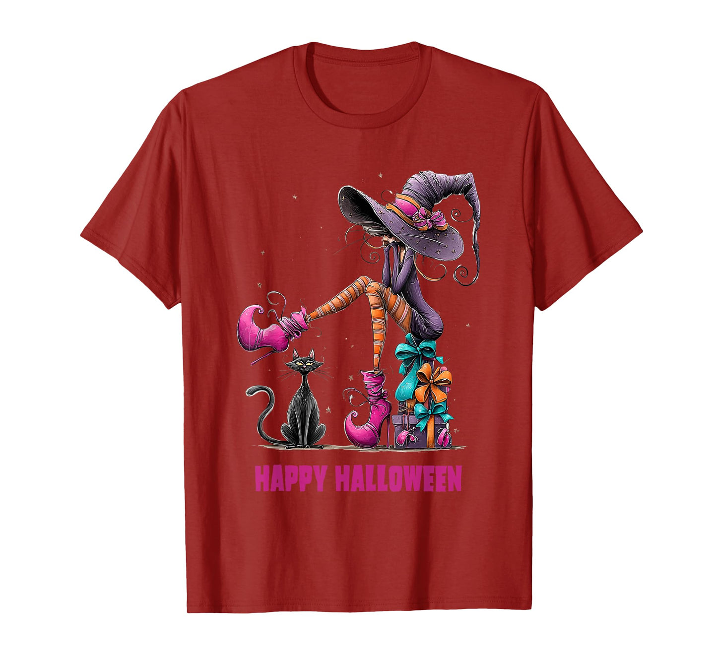 Spooky Witch High Heels with Black Cat Halloween Pumpkin T-Shirt