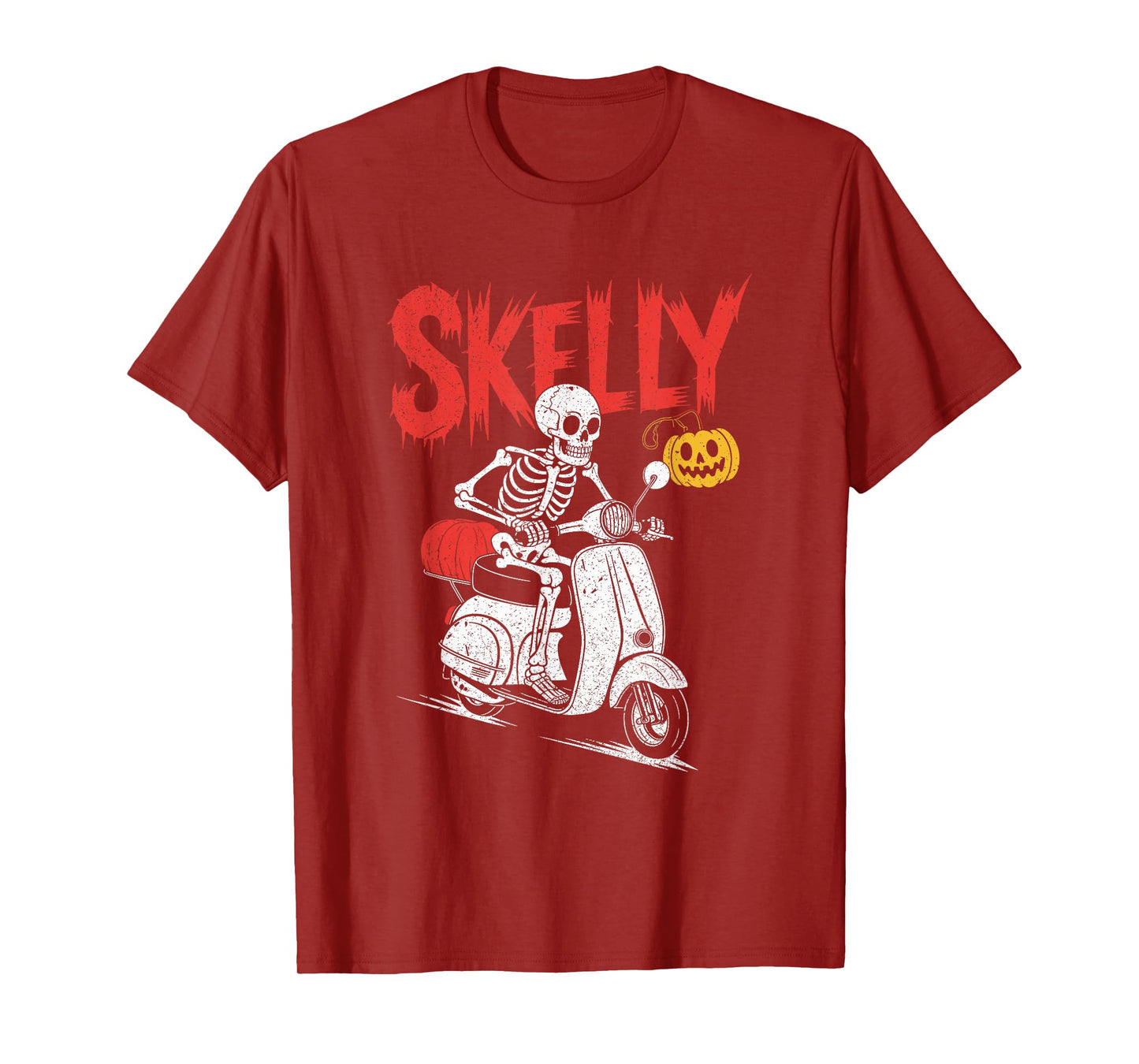 Skeleton Riding Scooter with Pumpkin Lantern Funny Halloween T-Shirt