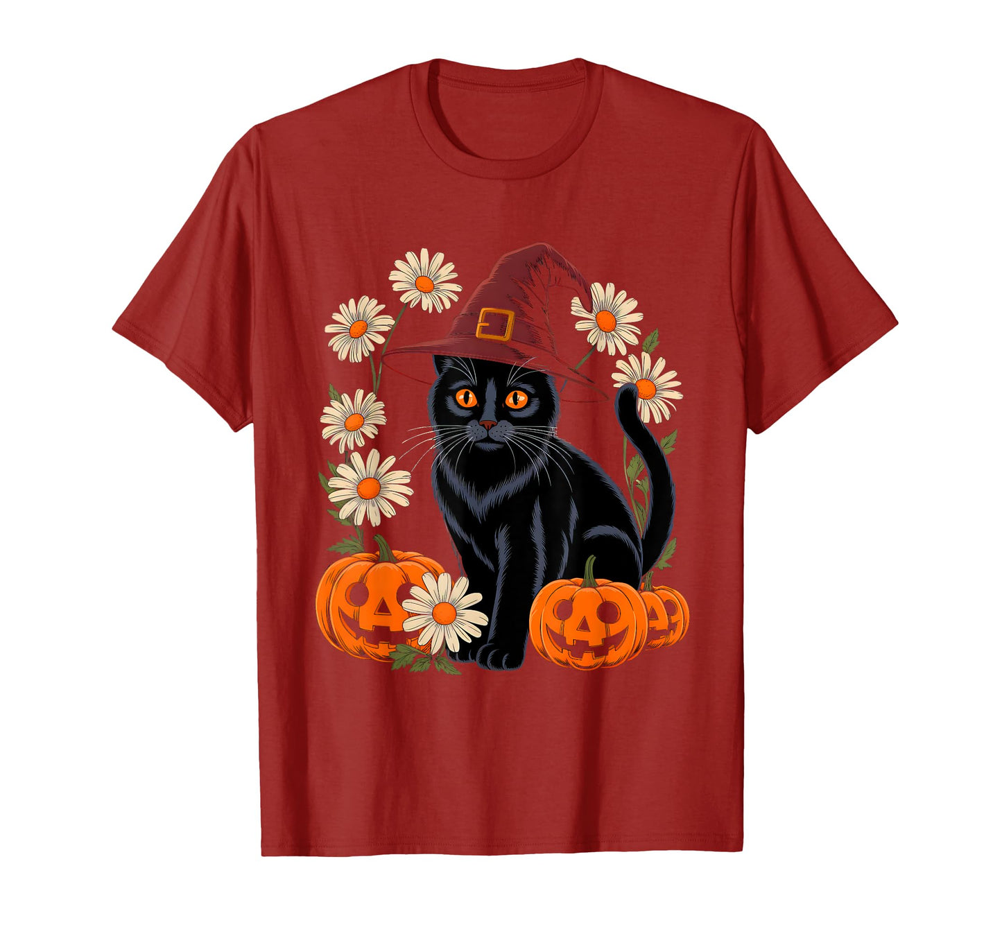 Retro Floral Black Cat Pumpkin Autumn Halloween Men Women T-Shirt