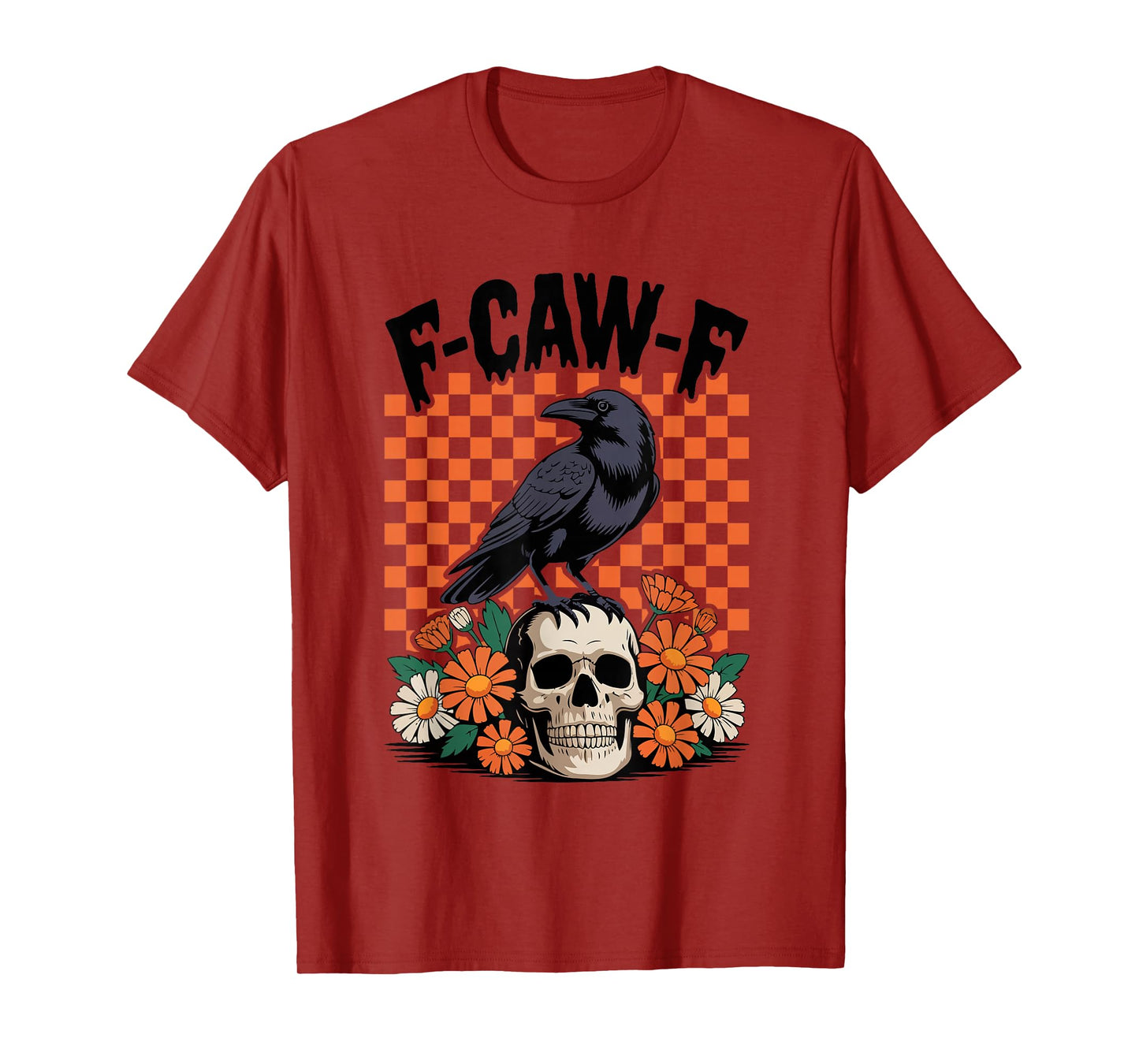 Funny F-Caw-F Black Crow Bird Orange Checkered Design T-Shirt
