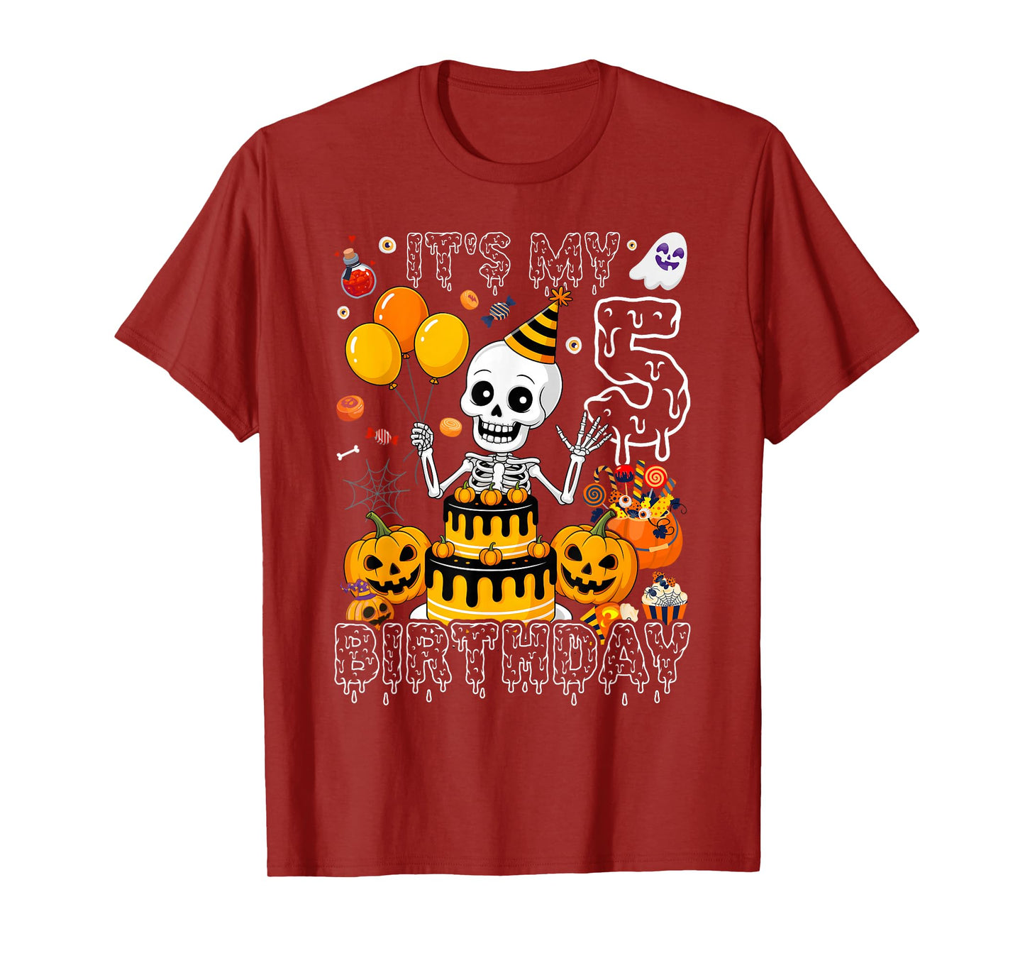 Kids Boo It's My 5th Birthday Halloween Skeleton 5 Years Old T-Shirt