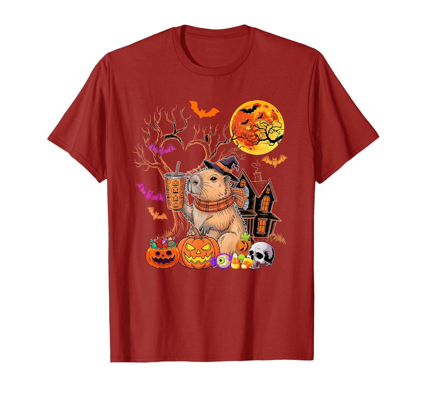 Capybara As Witch Drinking Coffee Halloween Carved Pumpkin T-Shirt