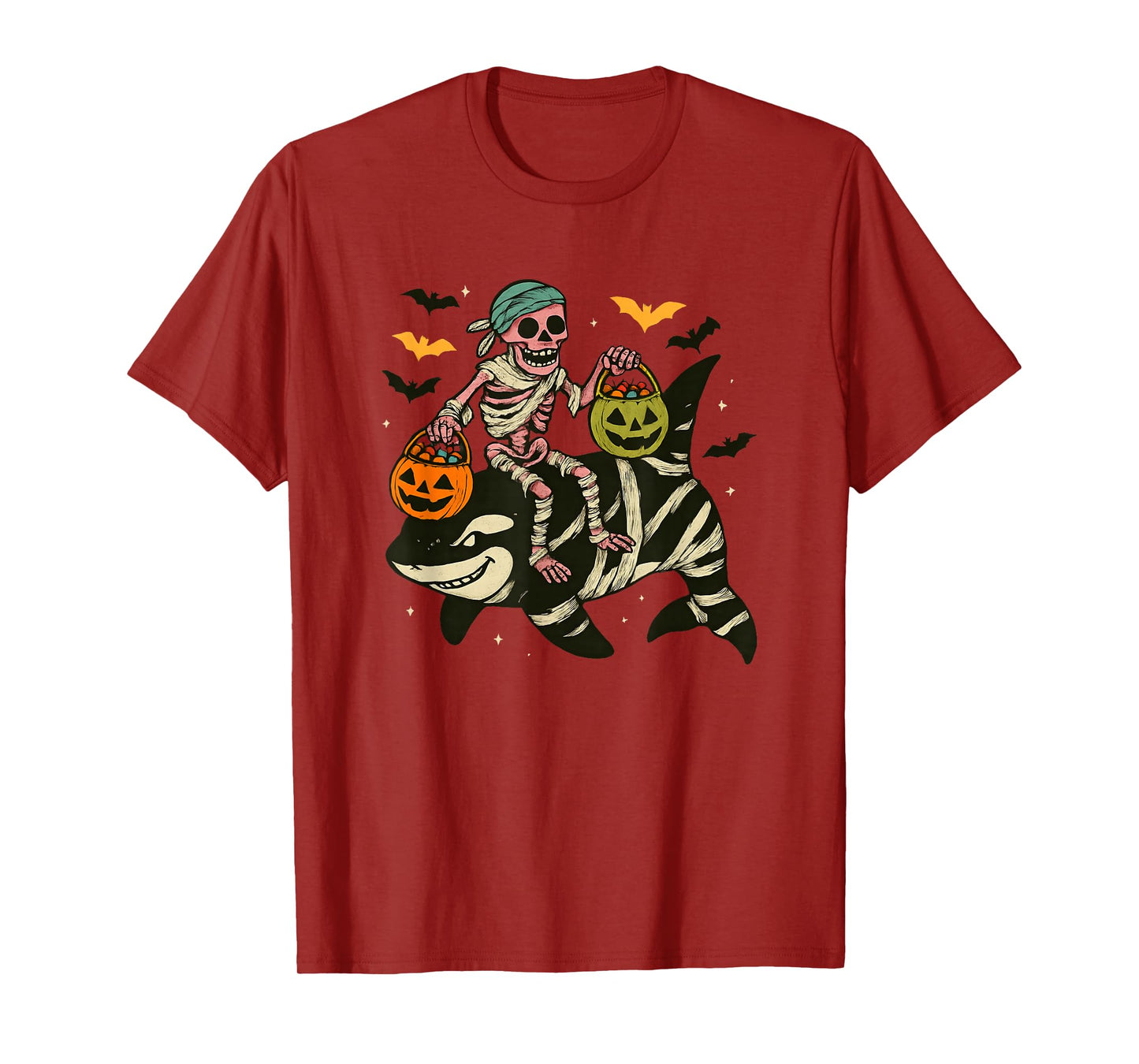 Skeleton Riding Mummy Orca Halloween Candy Whale T-Shirt