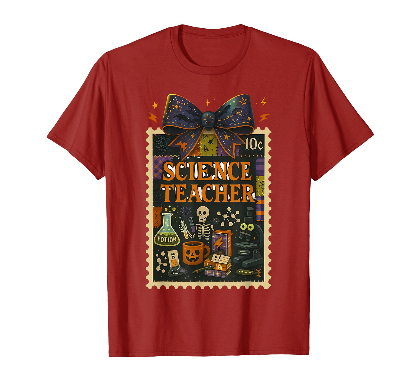 Science Teacher Skeleton Halloween Spooky STEM Classroom Bow T-Shirt