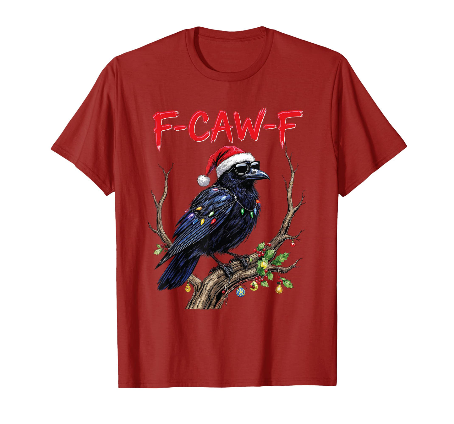 Black Crow F-Caw-F Funny Retro Christmas Lights Santa hat T-Shirt