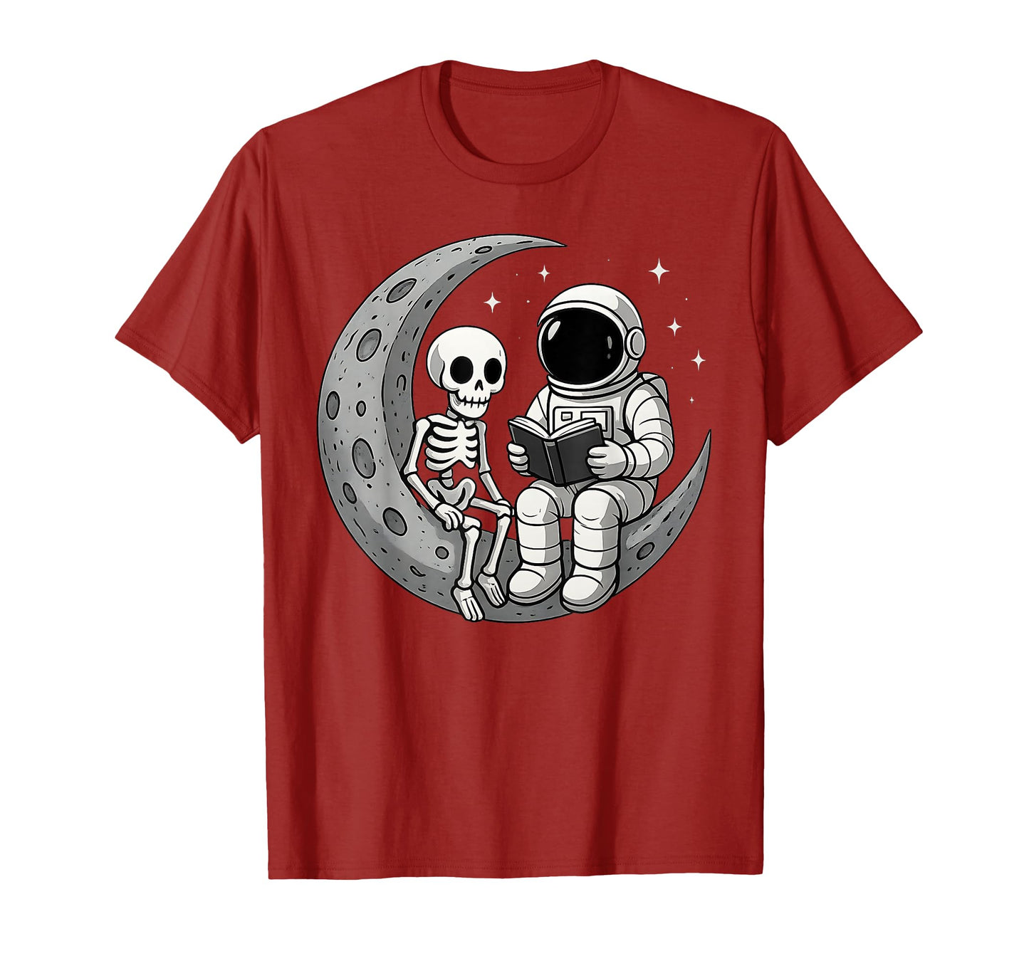Astronaut Reading Book to Skeleton Moon Space Women Kids Men T-Shirt