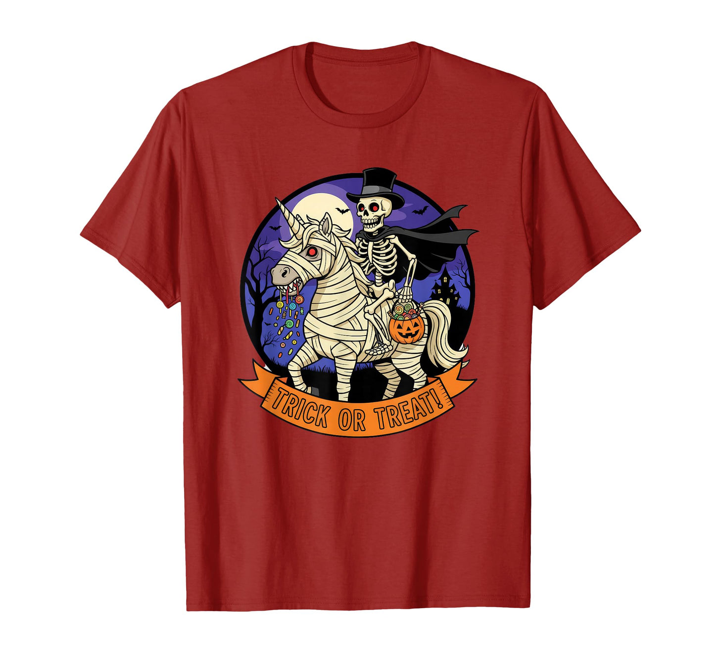 Trick or Treat Skeleton Riding a Mummy Unicorn and Pumpkin T-Shirt