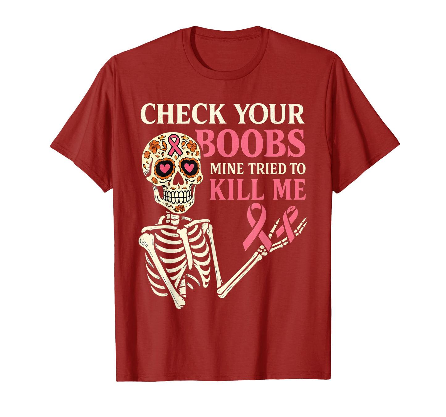 Women Sugar Skull Skeleton Funny Breast Cancer Awareness T-Shirt