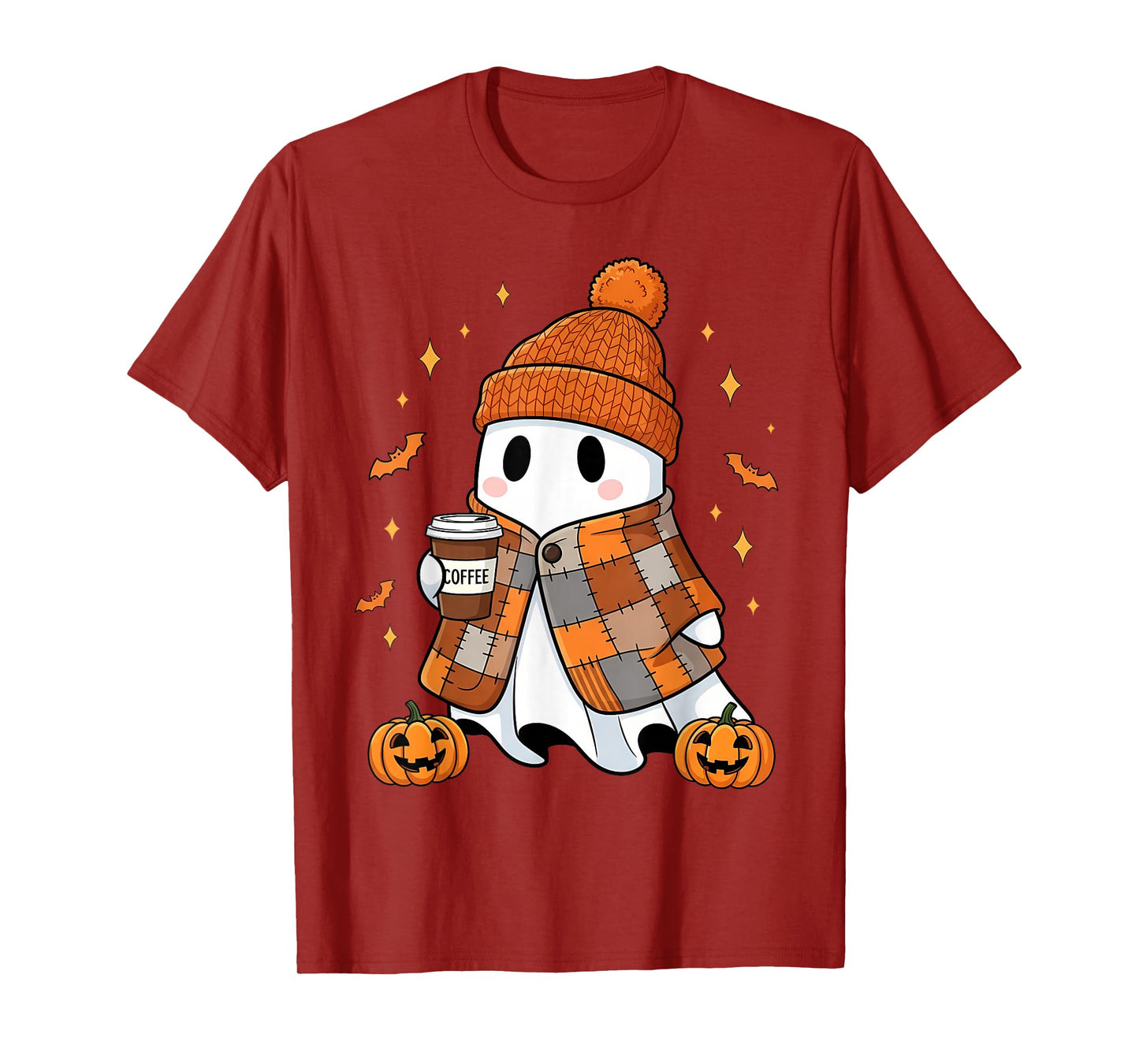 Ghost Drinking Coffee Halloween Patchwork Ghost T-Shirt