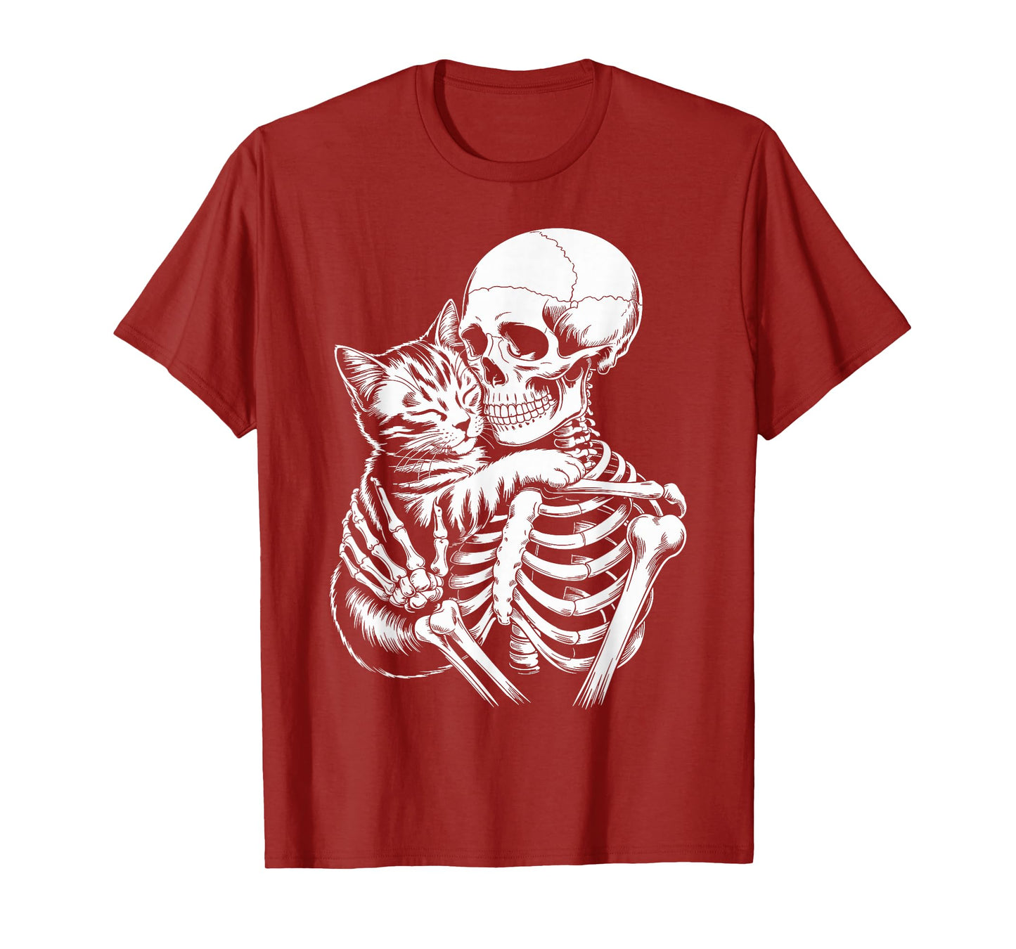 Skeleton Hugging Cat Lover Spooky Season Halloween T-Shirt
