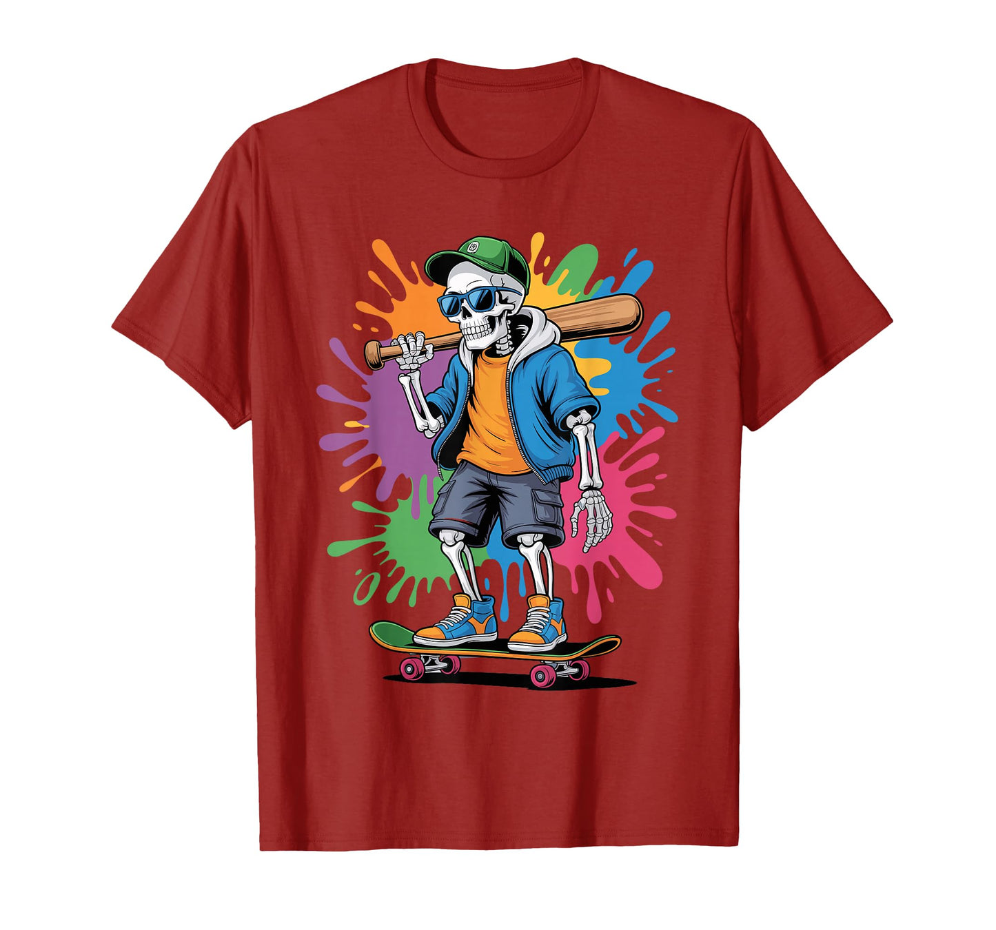 Halloween Skeleton Dripping Baseball Skateboard Graphic T-Shirt