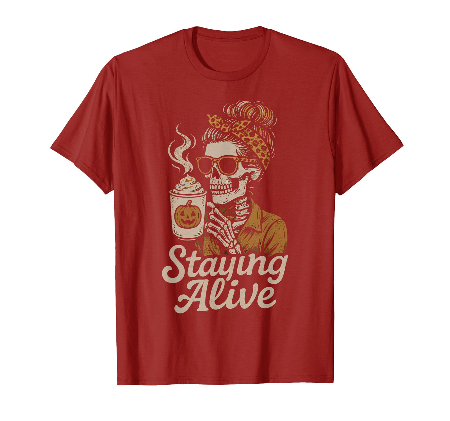 Staying Alive Spooky Skeleton Coffee Retro Halloween T-Shirt